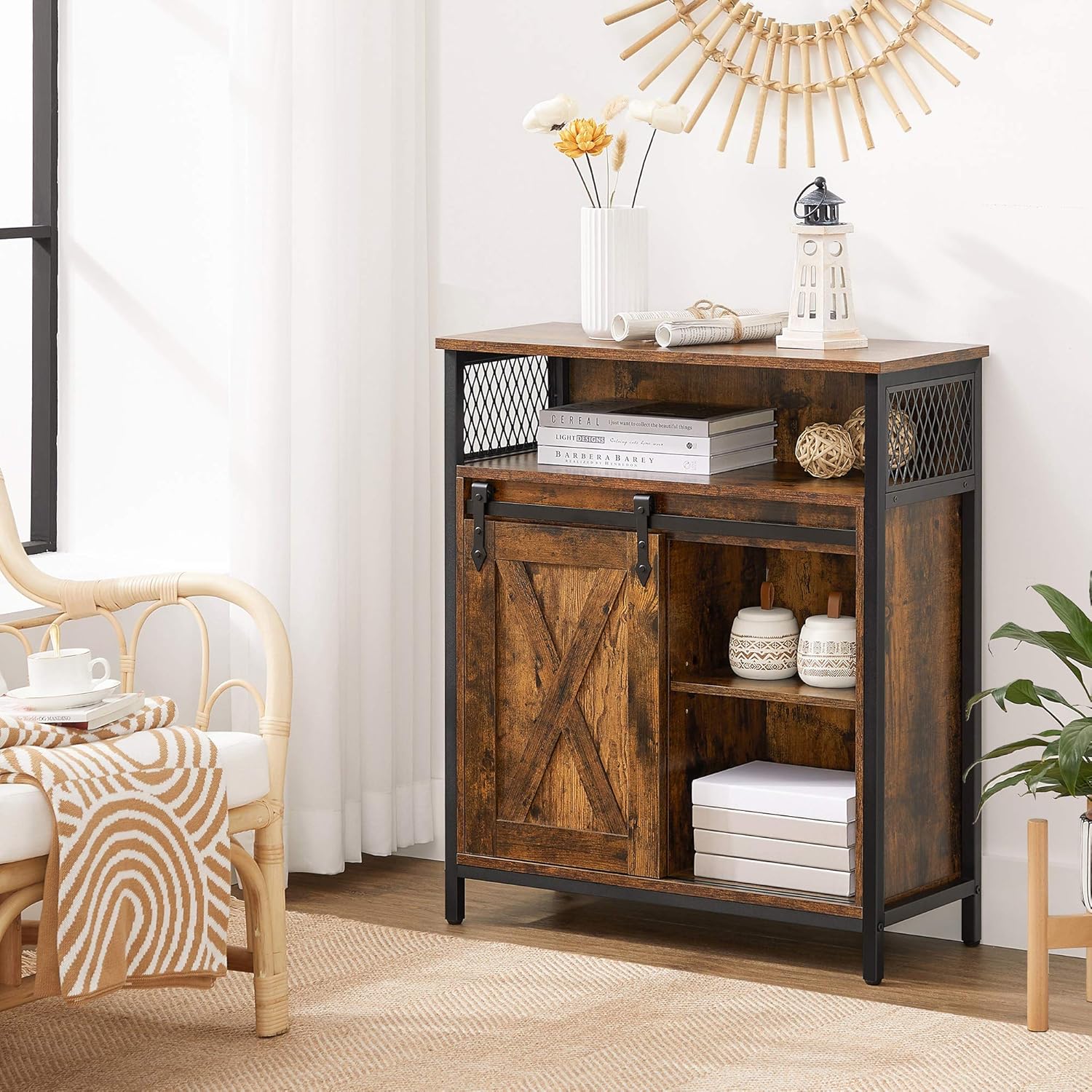 VASAGLE Aufbewahrungsmöbel, Sideboard, mit Schiebetür, offenes Fach, verstellbares Regal, industrieller Stil, für Eingang, Wohnzimmer, Küche, Büro, rustikales Braun und Schwarz LSC089B01 — Ansicht 2
