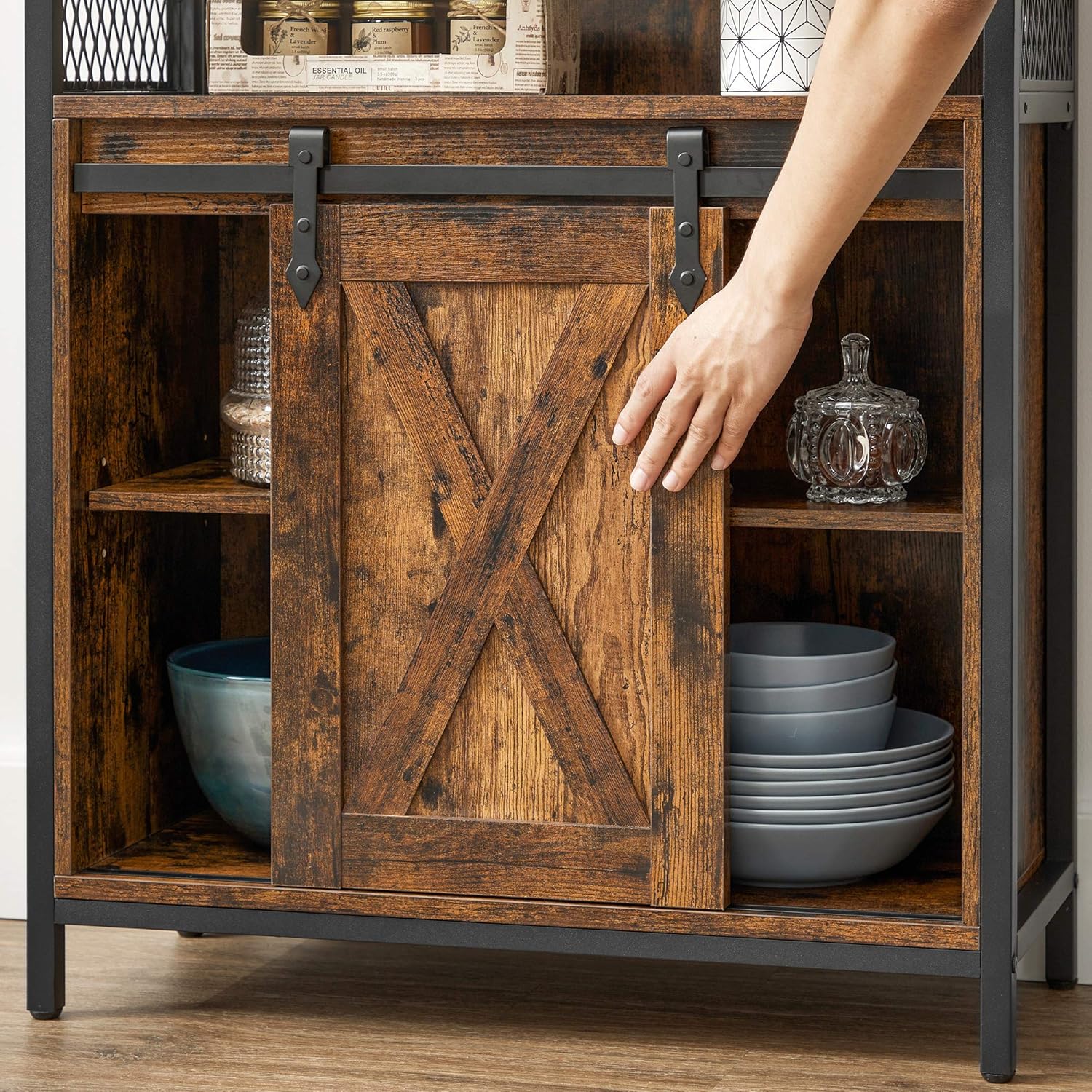 VASAGLE Aufbewahrungsmöbel, Sideboard, mit Schiebetür, offenes Fach, verstellbares Regal, industrieller Stil, für Eingang, Wohnzimmer, Küche, Büro, rustikales Braun und Schwarz LSC089B01 — Ansicht 4