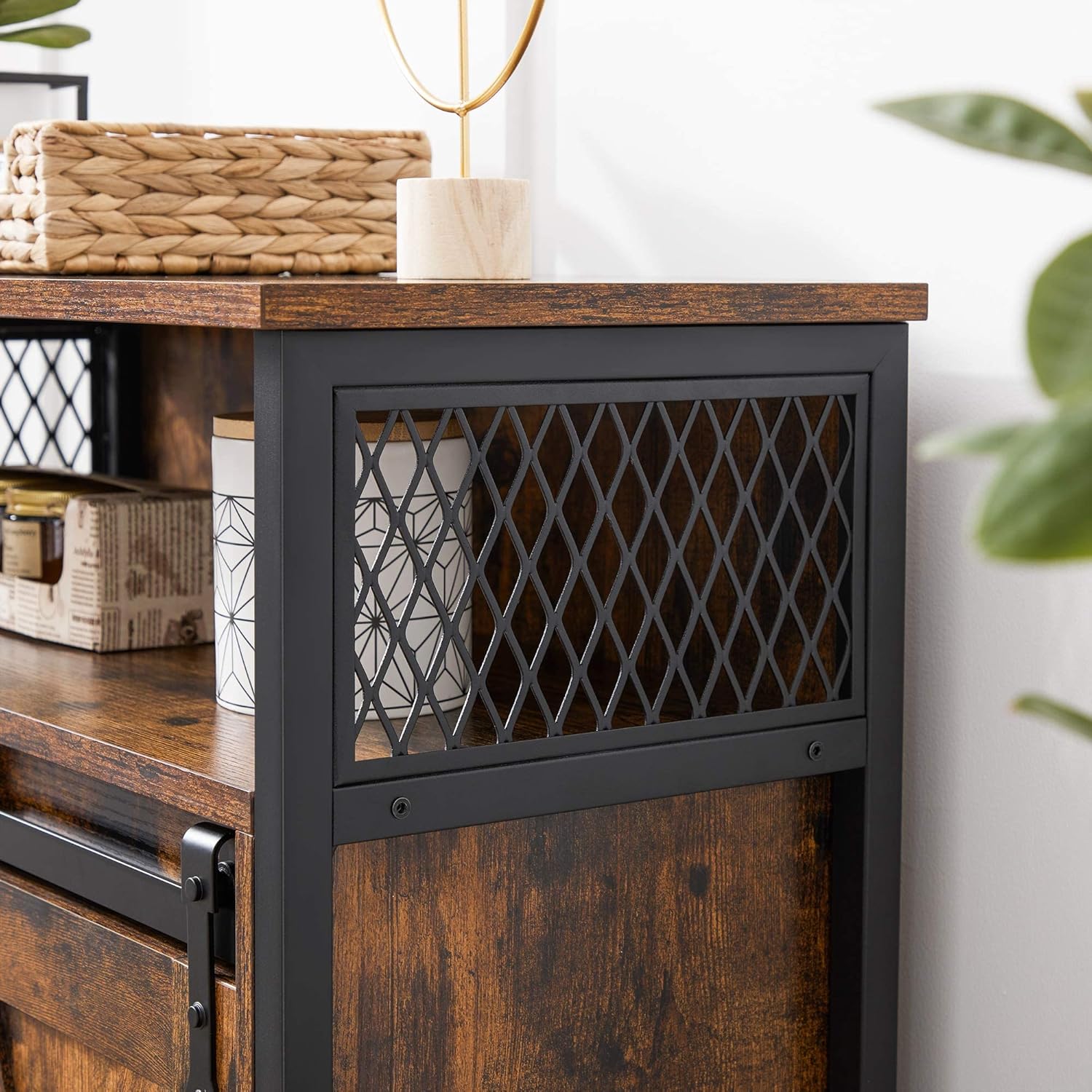 VASAGLE Aufbewahrungsmöbel, Sideboard, mit Schiebetür, offenes Fach, verstellbares Regal, industrieller Stil, für Eingang, Wohnzimmer, Küche, Büro, rustikales Braun und Schwarz LSC089B01 — Ansicht 6
