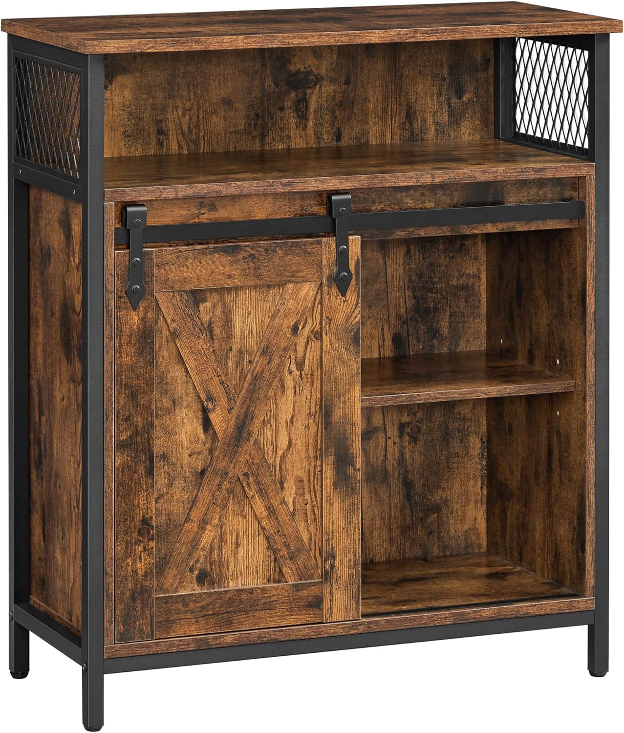 VASAGLE Aufbewahrungsmöbel, Sideboard, mit Schiebetür, offenes Fach, verstellbares Regal, industrieller Stil, für Eingang, Wohnzimmer, Küche, Büro, rustikales Braun und Schwarz LSC089B01
