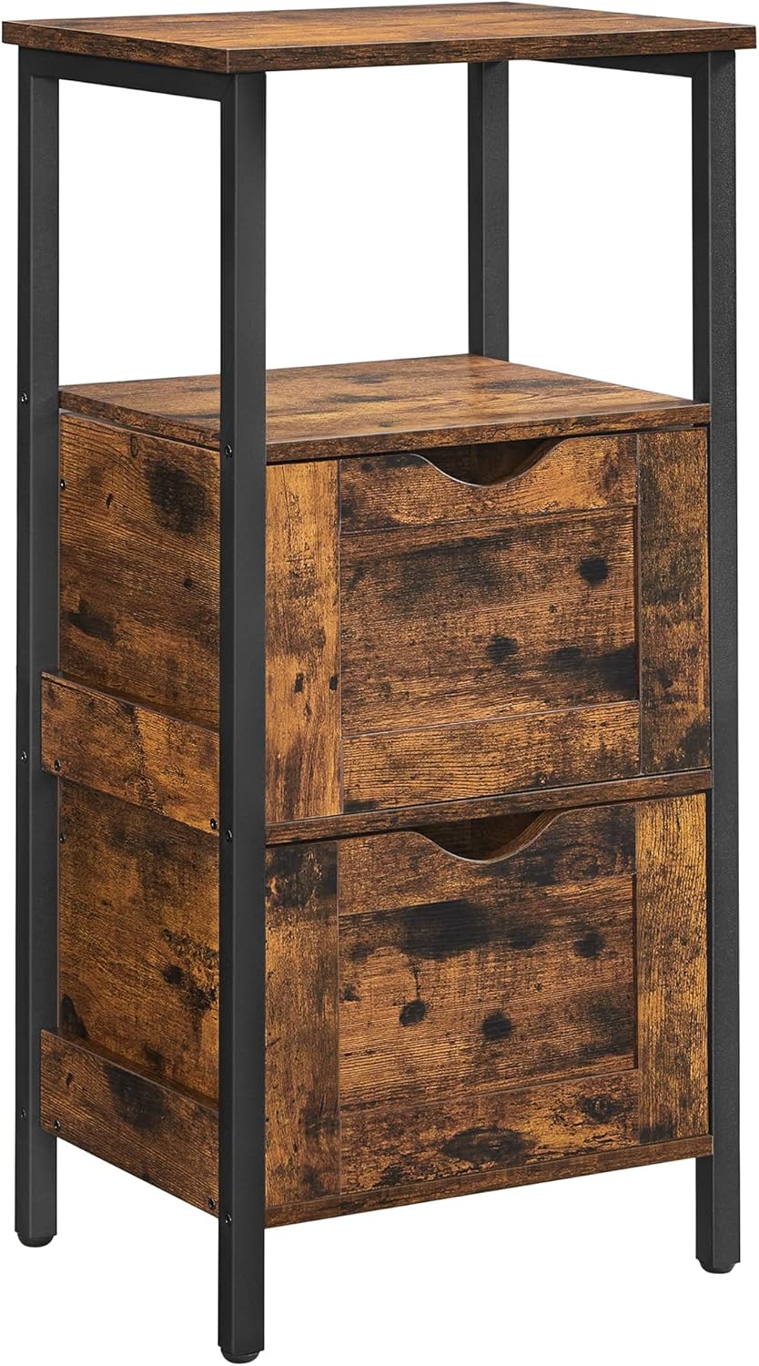 VASAGLE Badezimmerschrank, Badschrank, 2 Schubladen, offenes Fach, Kommode, Badregal, platzsparend, 37 x 30 x 80 cm, vintagebraun-schwarz BBK151B01