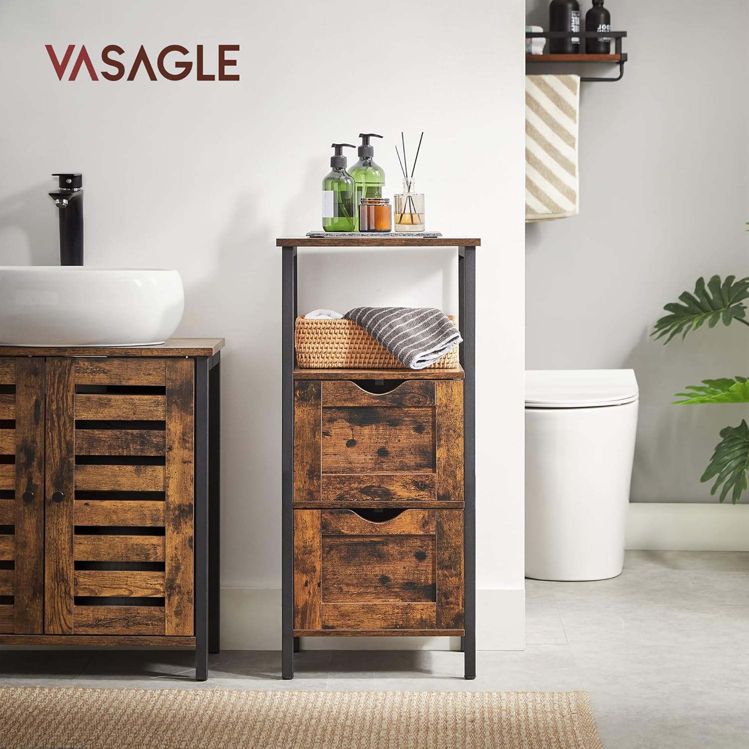 VASAGLE Badezimmerschrank, Badschrank, 2 Schubladen, offenes Fach, Kommode, Badregal, platzsparend, 37 x 30 x 80 cm, vintagebraun-schwarz BBK151B01 — Ansicht 2