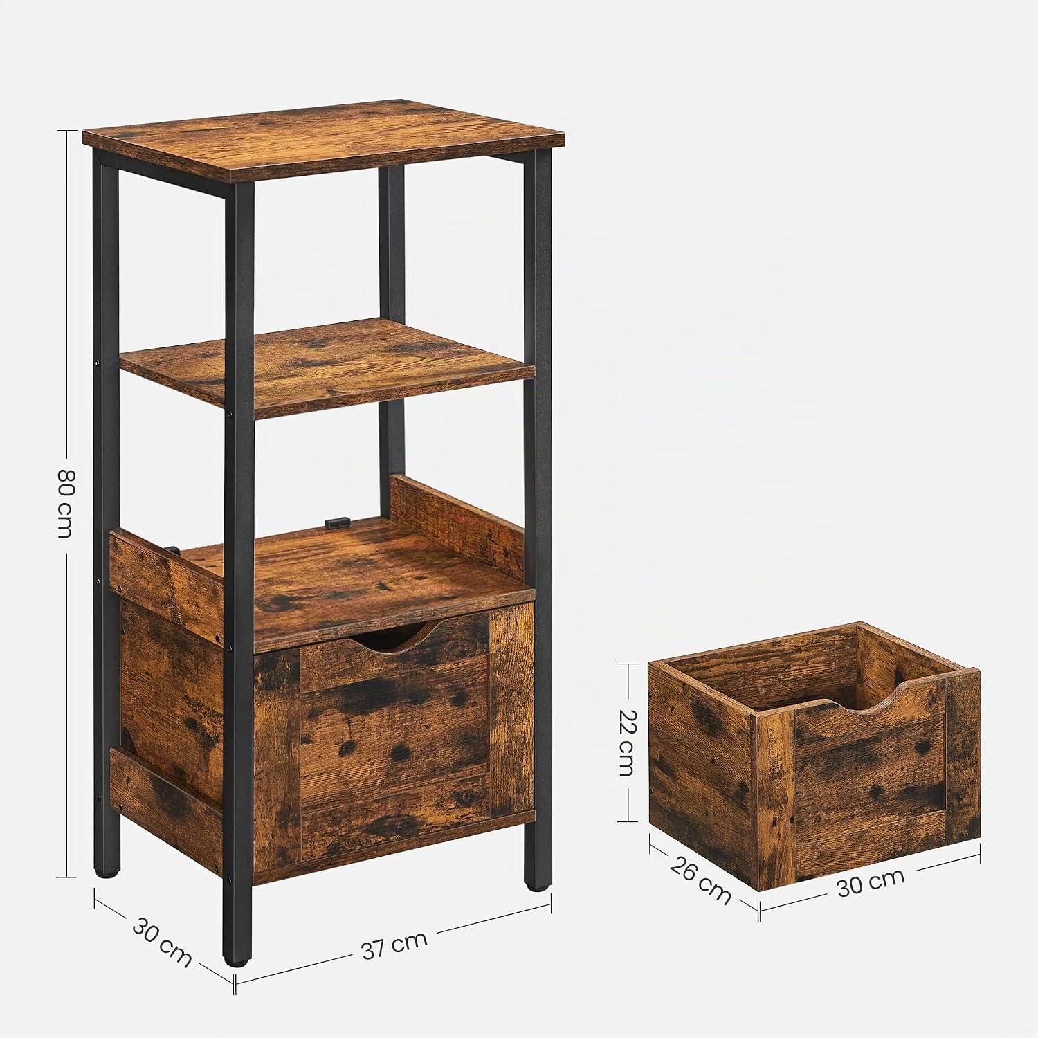 VASAGLE Badezimmerschrank, Badschrank, 2 Schubladen, offenes Fach, Kommode, Badregal, platzsparend, 37 x 30 x 80 cm, vintagebraun-schwarz BBK151B01 — Ansicht 3