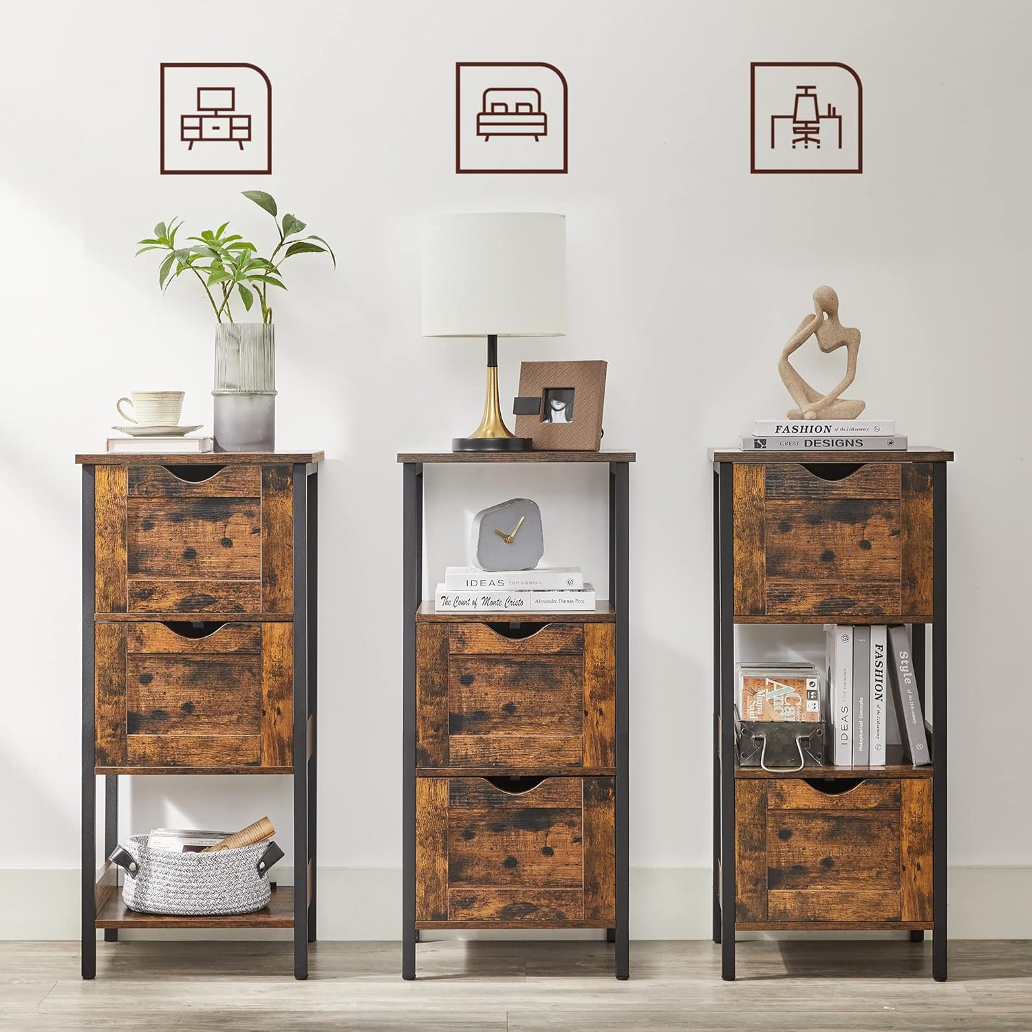 VASAGLE Badezimmerschrank, Badschrank, 2 Schubladen, offenes Fach, Kommode, Badregal, platzsparend, 37 x 30 x 80 cm, vintagebraun-schwarz BBK151B01 — Ansicht 6
