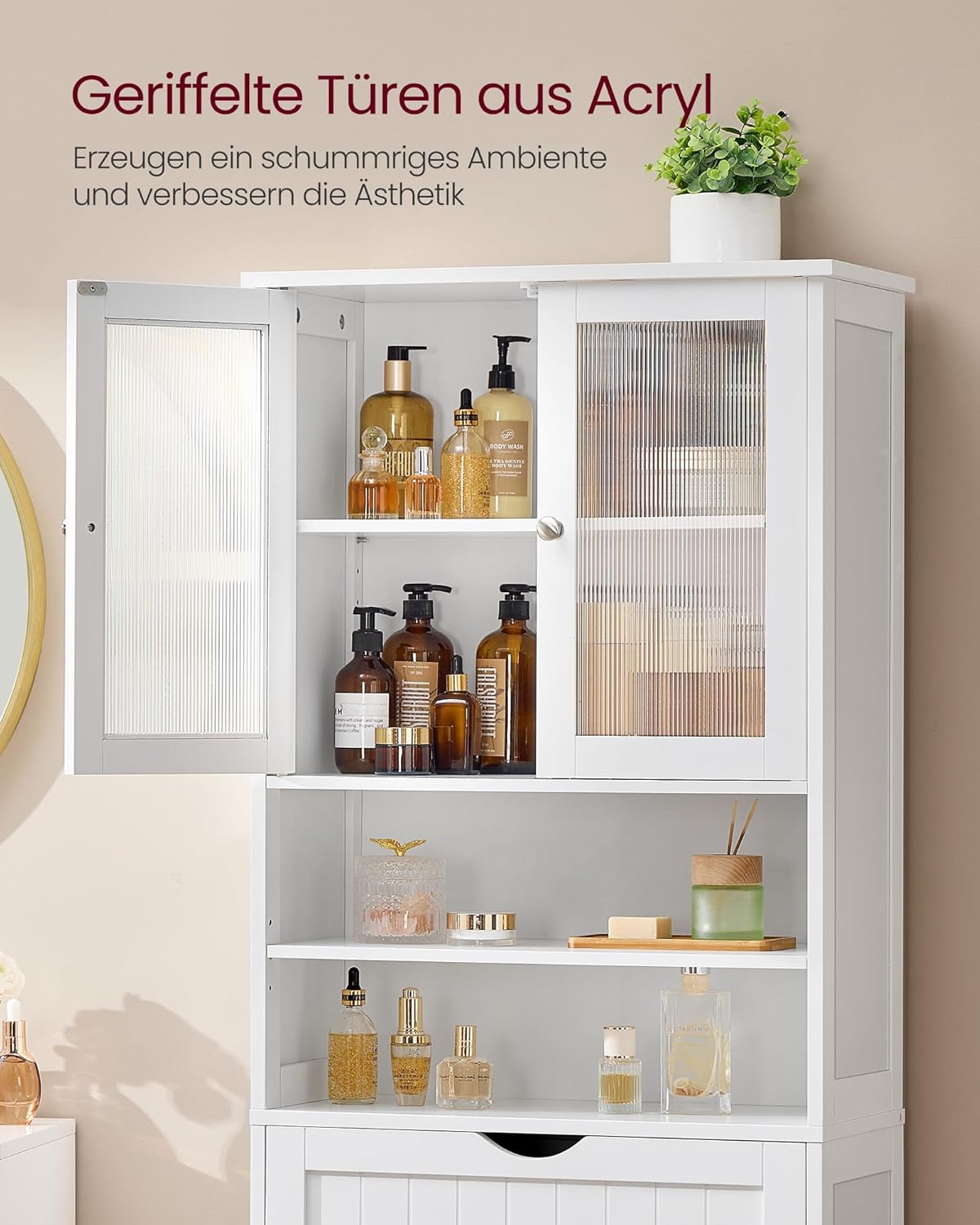 VASAGLE Badezimmerschrank, Badschrank, Aufbewahrungsschrank mit verstellbaren Ablagen, Schublade, offenen Fächern, für Badezimmer, Wohnzimmer, Esszimmer, wolkenweiß BBC768W01 — Ansicht 3