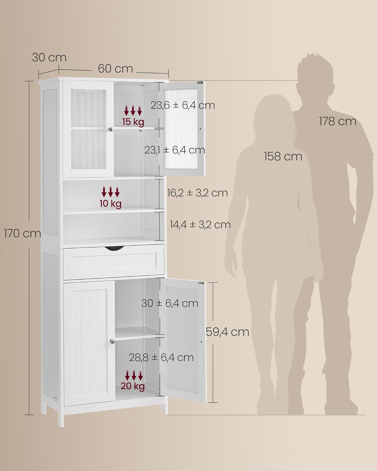 VASAGLE Badezimmerschrank, Badschrank, Aufbewahrungsschrank mit verstellbaren Ablagen, Schublade, offenen Fächern, für Badezimmer, Wohnzimmer, Esszimmer, wolkenweiß BBC768W01 — Ansicht 5
