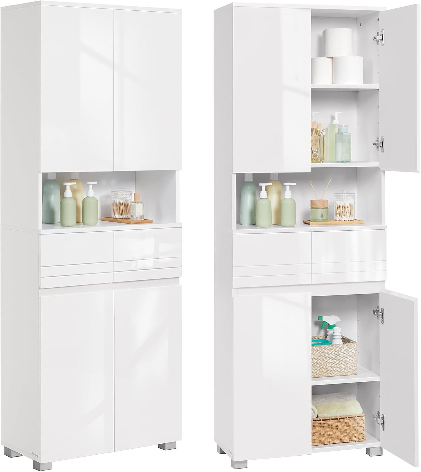VASAGLE Badezimmerschrank, Badschrank, Badezimmermöbel mit 2 Schubladen, verstellbare Ablagen, offenes Fach, 30 x 60 x 170 cm, wolkenweiß BBC563W01