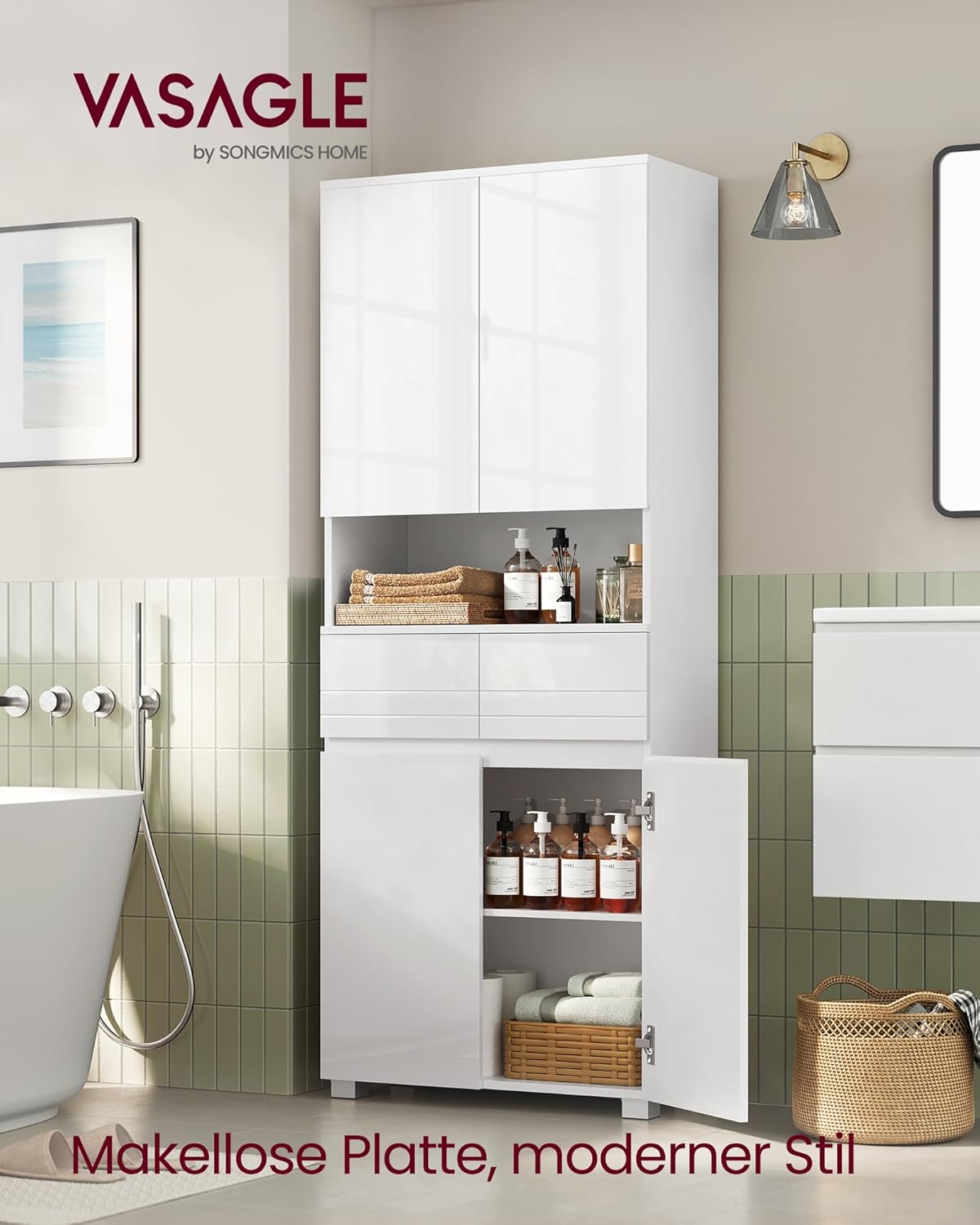 VASAGLE Badezimmerschrank, Badschrank, Badezimmermöbel mit 2 Schubladen, verstellbare Ablagen, offenes Fach, 30 x 60 x 170 cm, wolkenweiß BBC563W01 — Ansicht 2