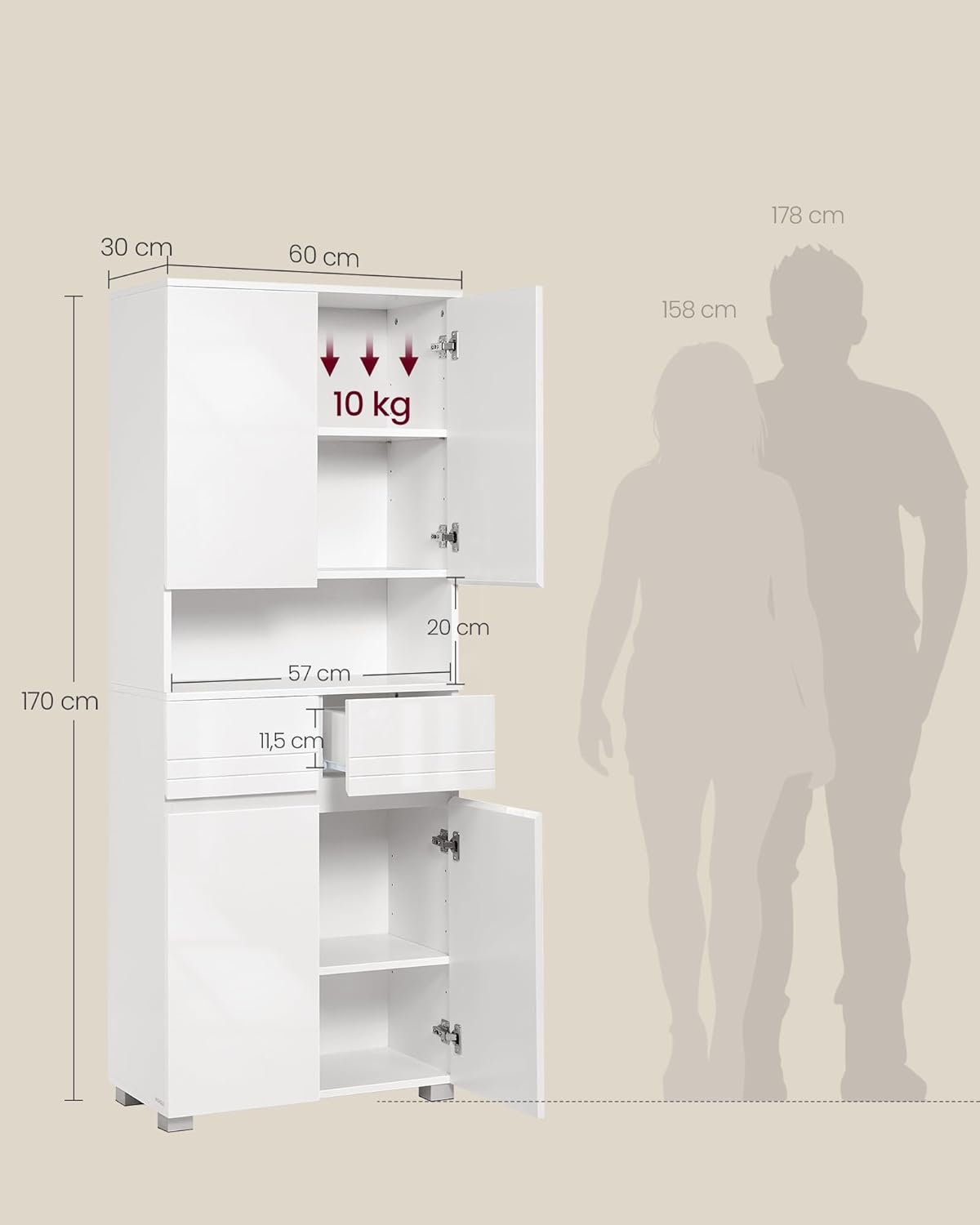 VASAGLE Badezimmerschrank, Badschrank, Badezimmermöbel mit 2 Schubladen, verstellbare Ablagen, offenes Fach, 30 x 60 x 170 cm, wolkenweiß BBC563W01 — Ansicht 3