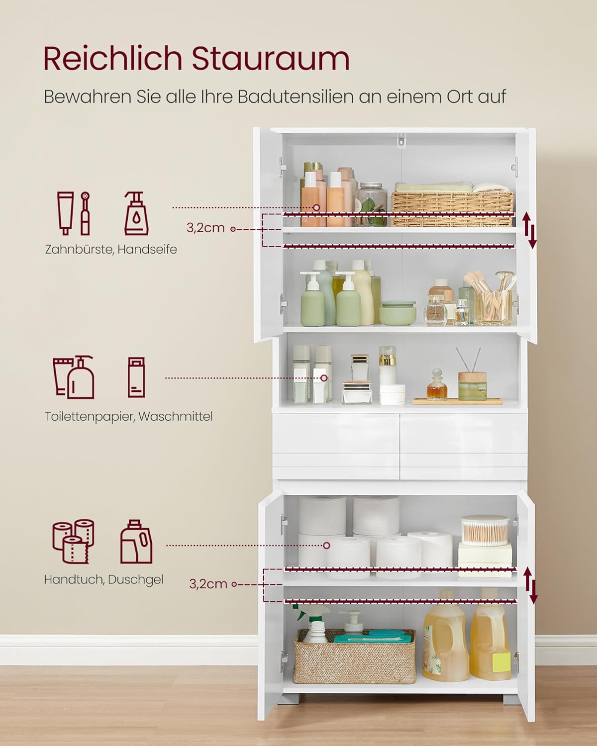 VASAGLE Badezimmerschrank, Badschrank, Badezimmermöbel mit 2 Schubladen, verstellbare Ablagen, offenes Fach, 30 x 60 x 170 cm, wolkenweiß BBC563W01 — Ansicht 4