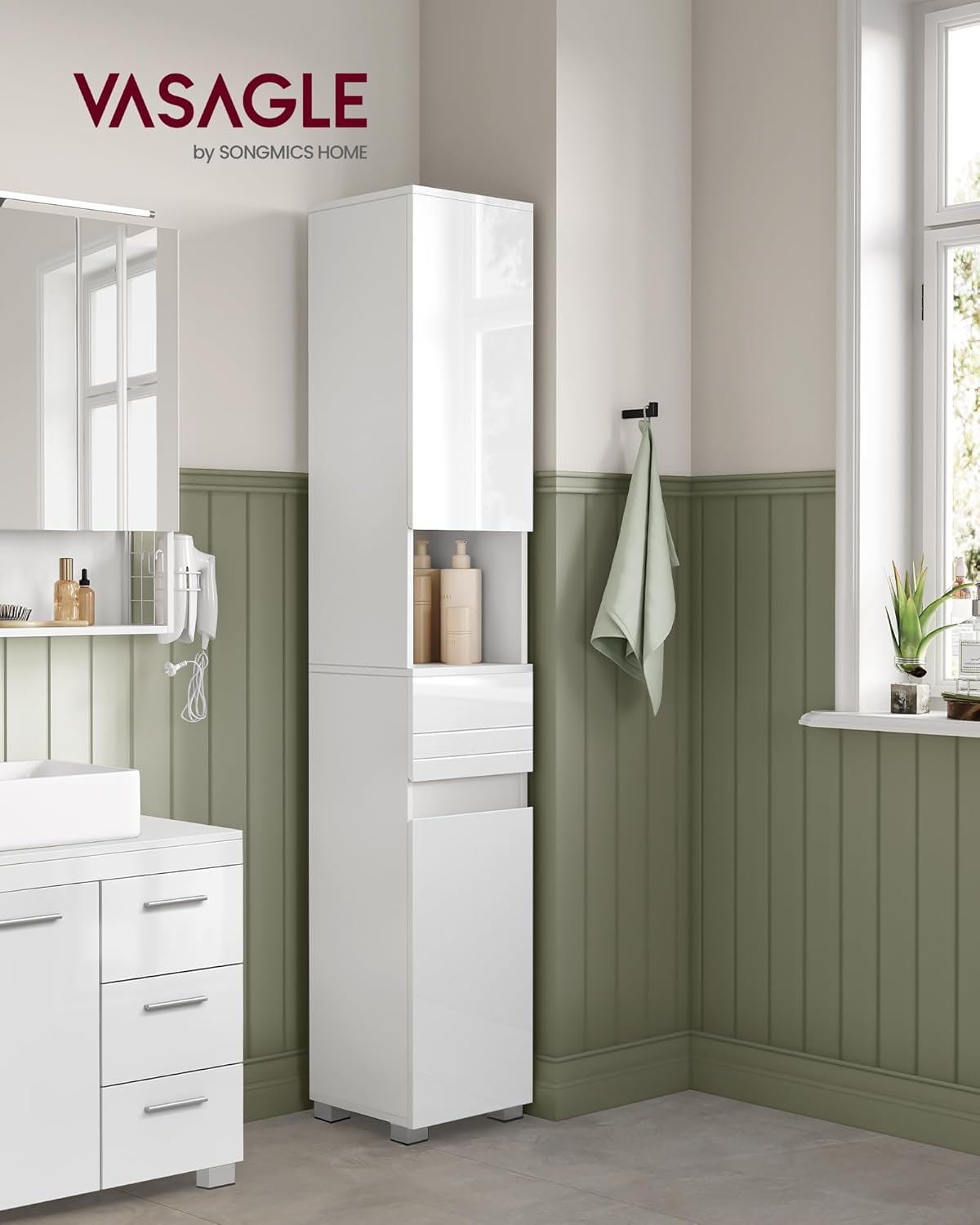 VASAGLE Badezimmerschrank, Badschrank, Badezimmermöbel mit Einer Schublade, verstellbare Ablagen, offenes Fach, 30 x 30 x 170 cm, wolkenweiß BBC560P31 — Ansicht 2