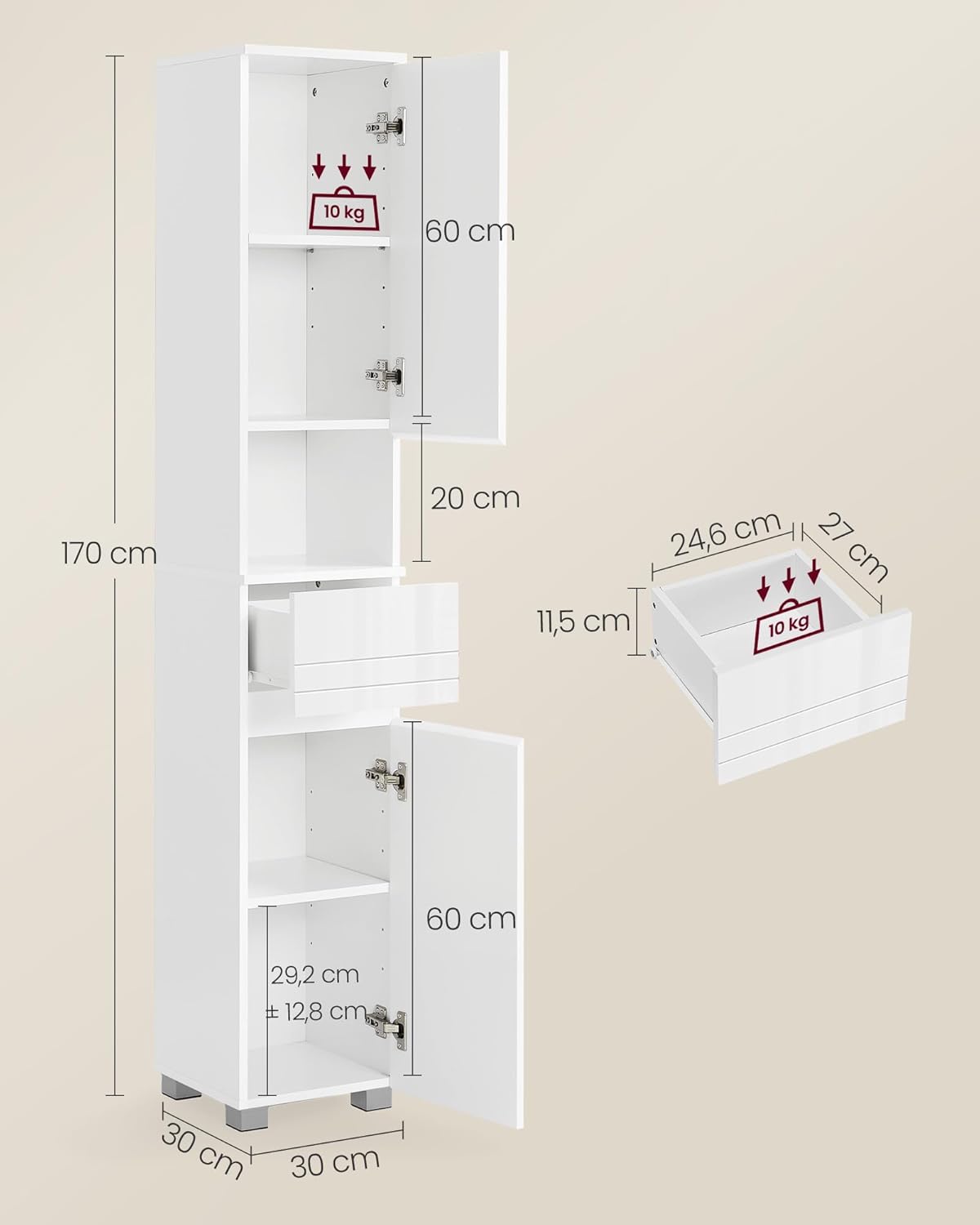 VASAGLE Badezimmerschrank, Badschrank, Badezimmermöbel mit Einer Schublade, verstellbare Ablagen, offenes Fach, 30 x 30 x 170 cm, wolkenweiß BBC560P31 — Ansicht 3