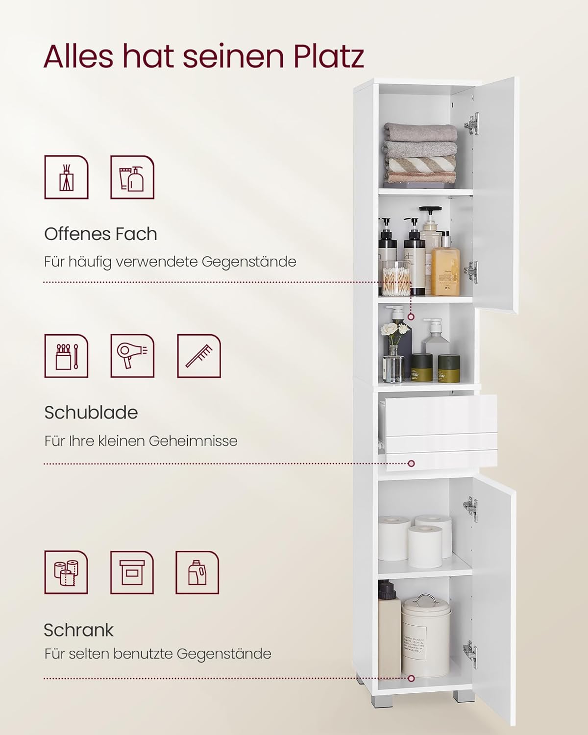VASAGLE Badezimmerschrank, Badschrank, Badezimmermöbel mit Einer Schublade, verstellbare Ablagen, offenes Fach, 30 x 30 x 170 cm, wolkenweiß BBC560P31 — Ansicht 4