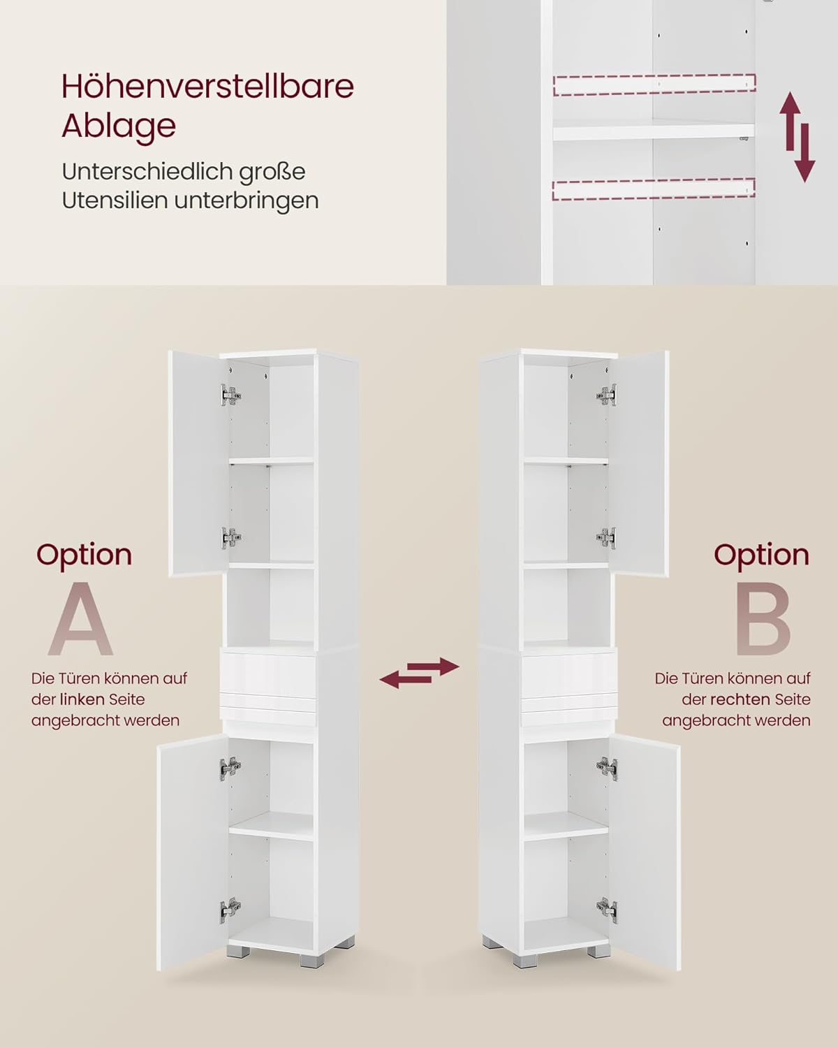VASAGLE Badezimmerschrank, Badschrank, Badezimmermöbel mit Einer Schublade, verstellbare Ablagen, offenes Fach, 30 x 30 x 170 cm, wolkenweiß BBC560P31 — Ansicht 5
