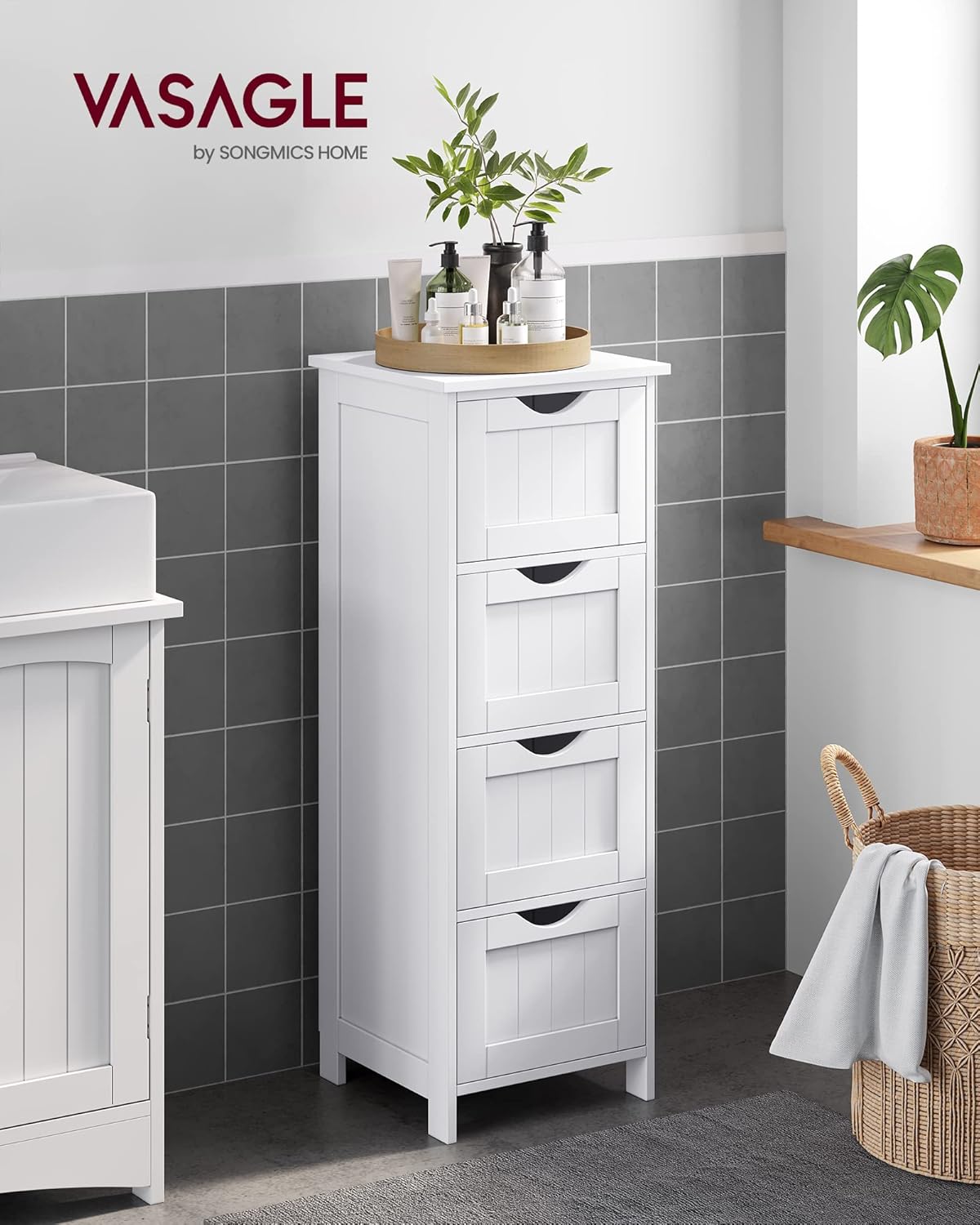 VASAGLE Badezimmerschrank, Badschrank, Beistellschrank mit 4 Schubladen, 30 x 30 x 82 cm, für Badezimmer, Wohnzimmer, Esszimmer, Küche, modern, weiß LHC40W — Ansicht 2