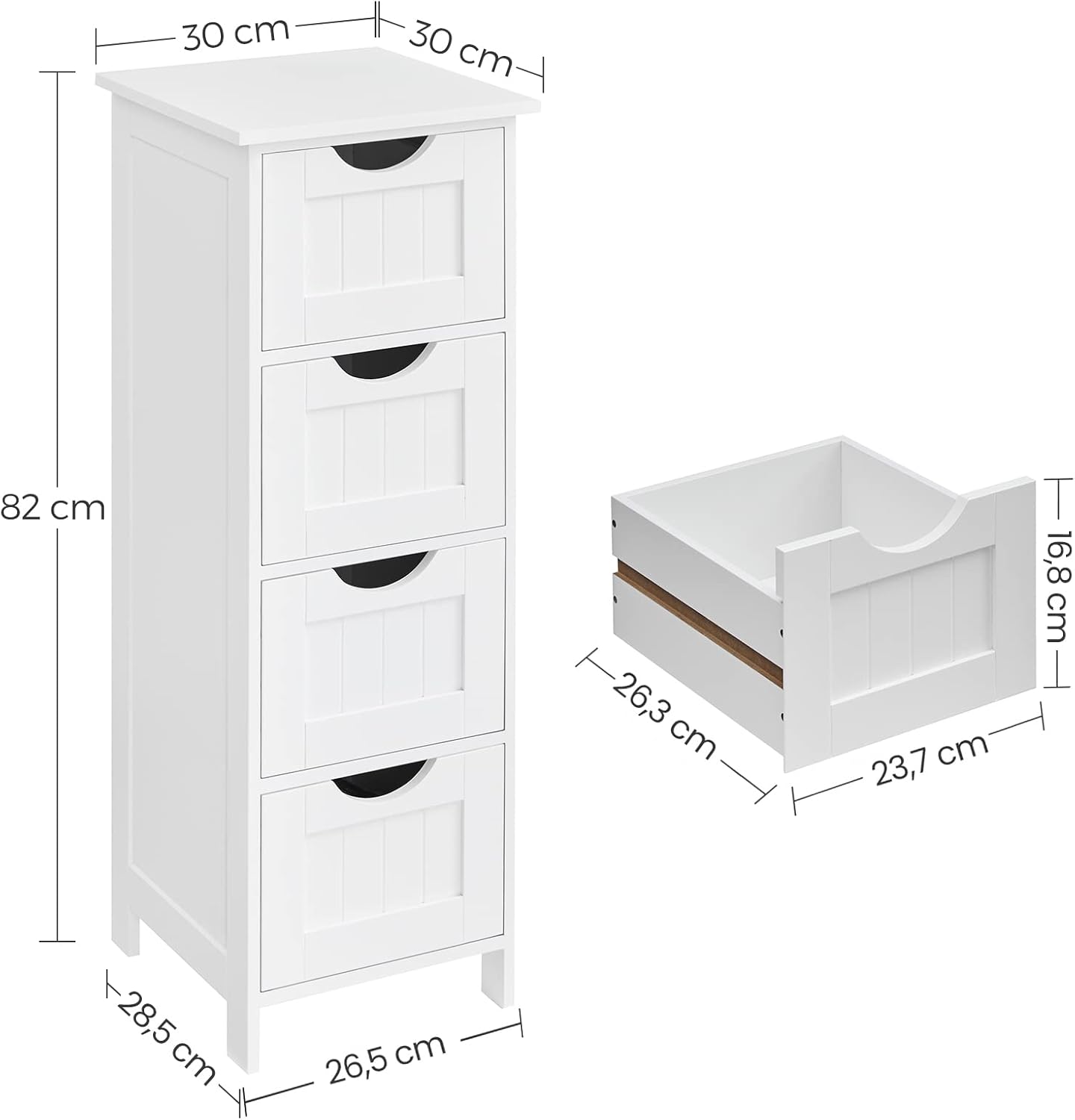 VASAGLE Badezimmerschrank, Badschrank, Beistellschrank mit 4 Schubladen, 30 x 30 x 82 cm, für Badezimmer, Wohnzimmer, Esszimmer, Küche, modern, weiß LHC40W — Ansicht 3