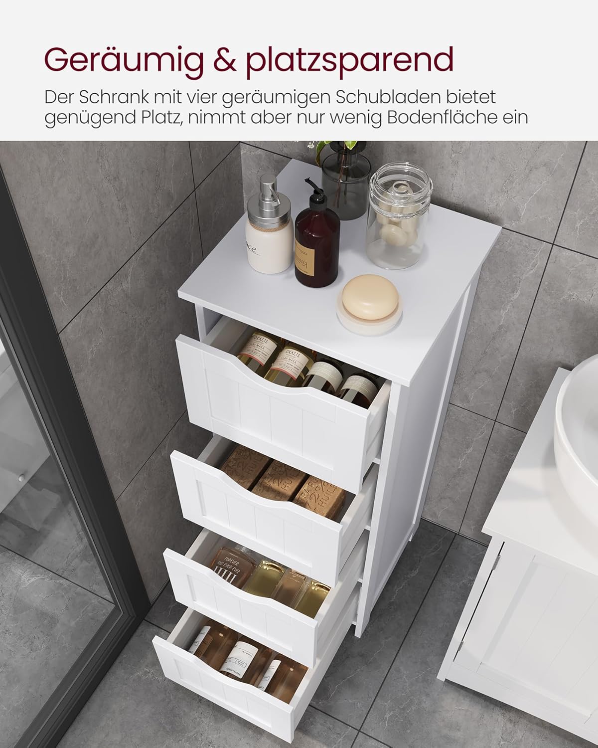 VASAGLE Badezimmerschrank, Badschrank, Beistellschrank mit 4 Schubladen, 30 x 30 x 82 cm, für Badezimmer, Wohnzimmer, Esszimmer, Küche, modern, weiß LHC40W — Ansicht 4