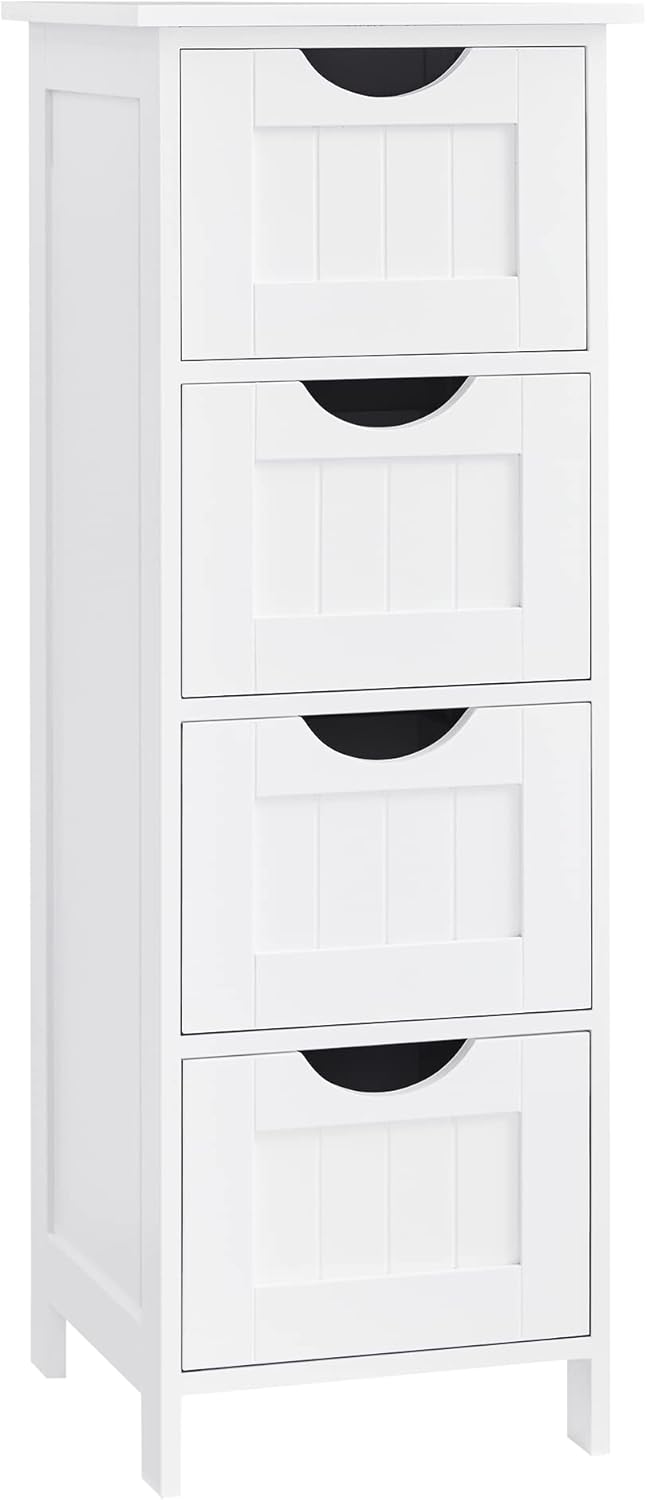 VASAGLE Badezimmerschrank, Badschrank, Beistellschrank mit 4 Schubladen, 30 x 30 x 82 cm, für Badezimmer, Wohnzimmer, Esszimmer, Küche, modern, weiß LHC40W