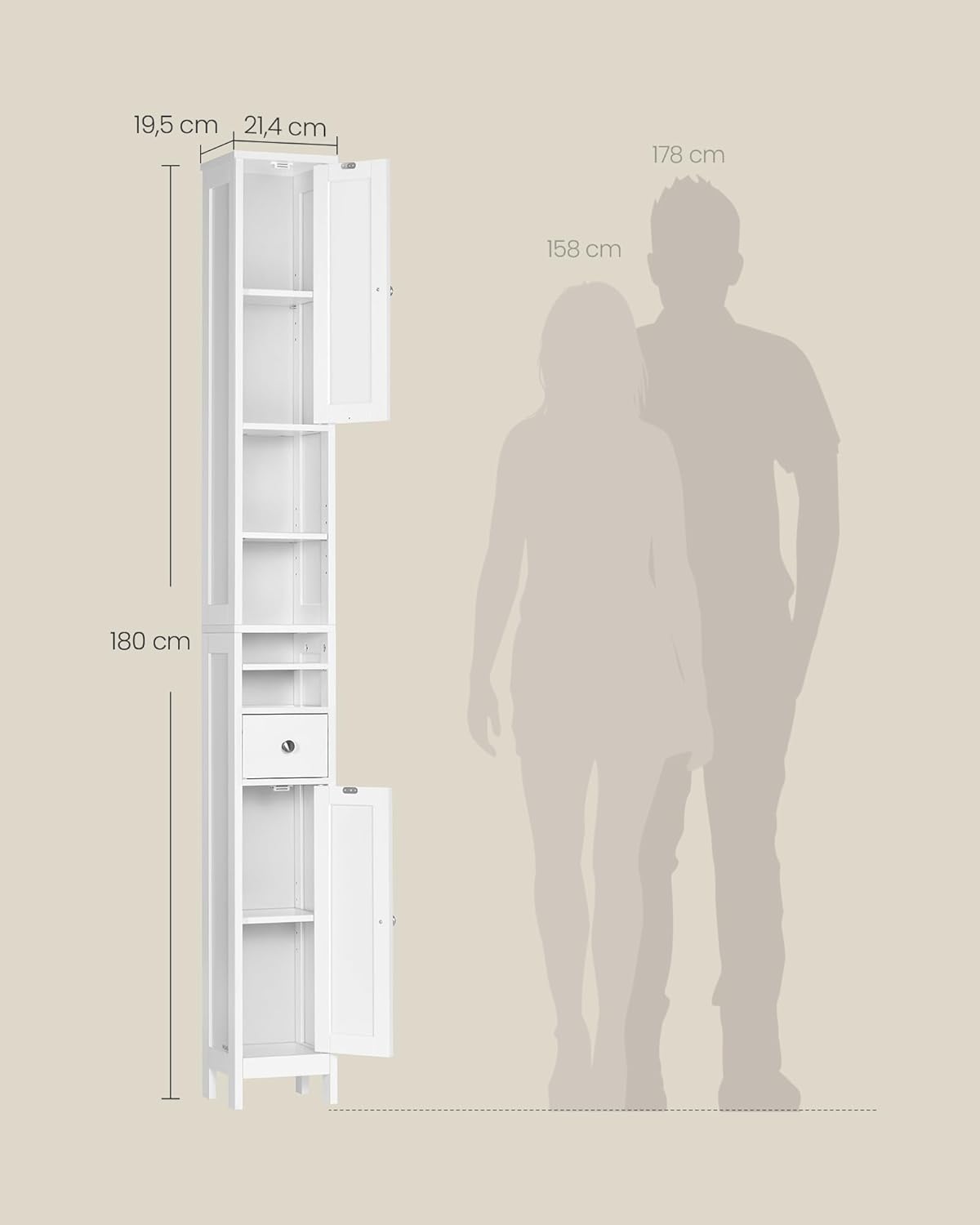 VASAGLE Badezimmerschrank, Badschrank, hoch, schmaler Aufbewahrungsschrank, mit verstellbaren Ablagen, Schublade, offenen Fächern, für kleine Räume, modern, wolkenweiß BBC765W01 — Ansicht 3