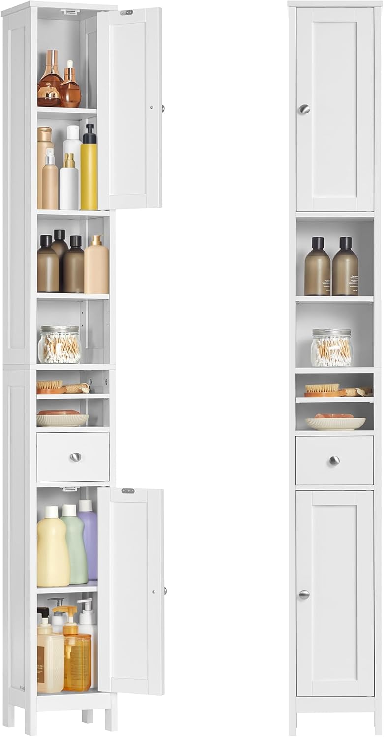 VASAGLE Badezimmerschrank, Badschrank, hoch, schmaler Aufbewahrungsschrank, mit verstellbaren Ablagen, Schublade, offenen Fächern, für kleine Räume, modern, wolkenweiß BBC765W01