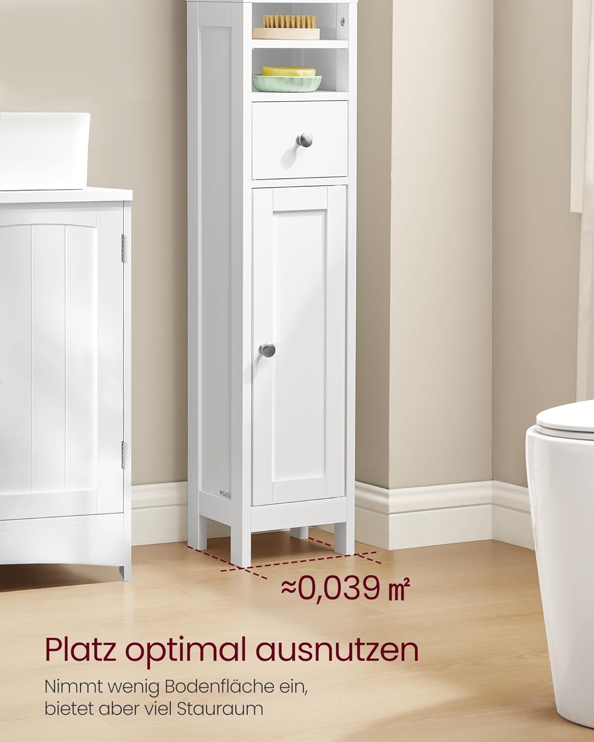 VASAGLE Badezimmerschrank, Badschrank, hoch, schmaler Aufbewahrungsschrank, mit verstellbaren Ablagen, Schublade, offenen Fächern, für kleine Räume, modern, wolkenweiß BBC765W01 — Ansicht 4