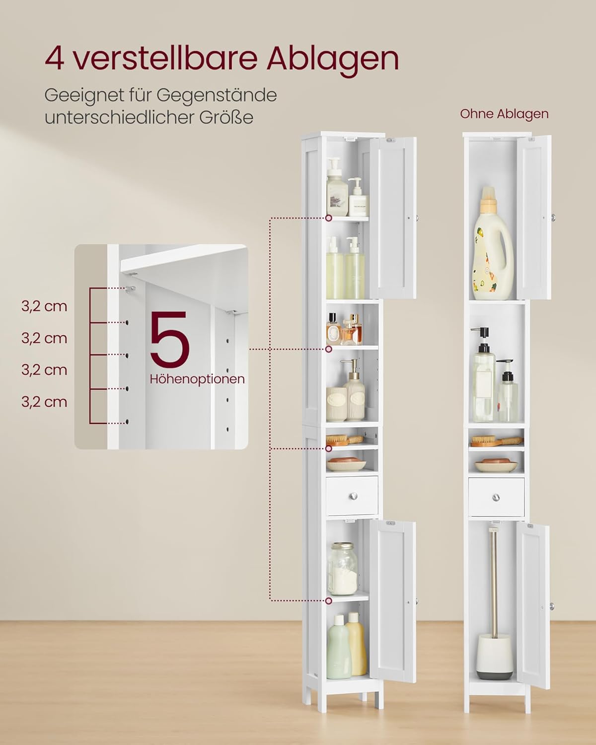 VASAGLE Badezimmerschrank, Badschrank, hoch, schmaler Aufbewahrungsschrank, mit verstellbaren Ablagen, Schublade, offenen Fächern, für kleine Räume, modern, wolkenweiß BBC765W01 — Ansicht 5