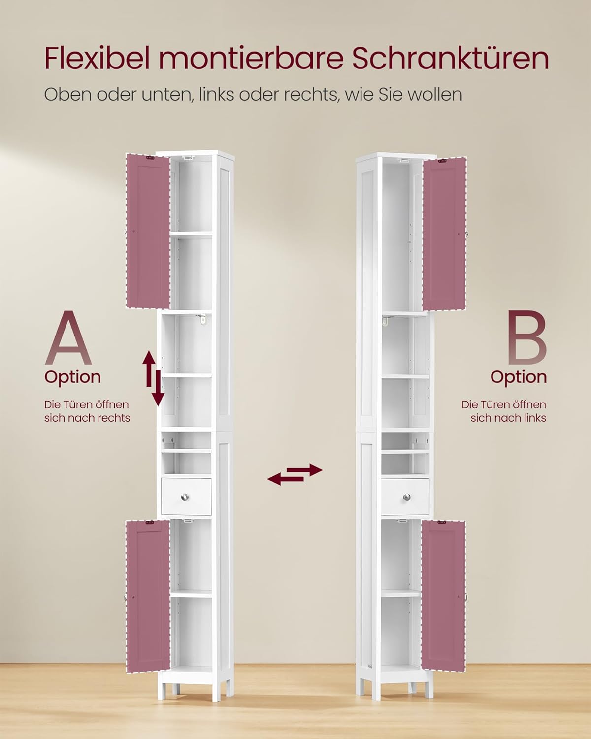 VASAGLE Badezimmerschrank, Badschrank, hoch, schmaler Aufbewahrungsschrank, mit verstellbaren Ablagen, Schublade, offenen Fächern, für kleine Räume, modern, wolkenweiß BBC765W01 — Ansicht 6