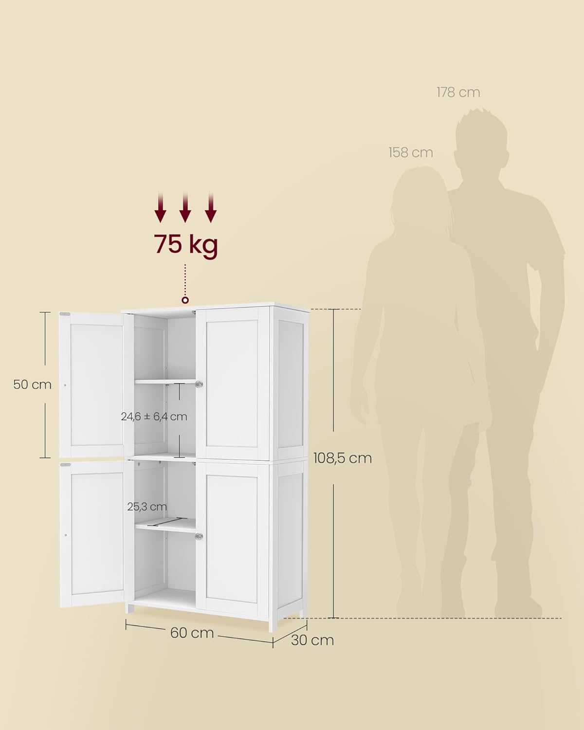 VASAGLE Badezimmerschrank, Badschrank im Shaker-Stil, mit 2 verstellbaren Ablagen, 4 Türen, Schrank für Badezimmer, Hochschrank, für Küche, wolkenweiß BBC553WH01 — Ansicht 3