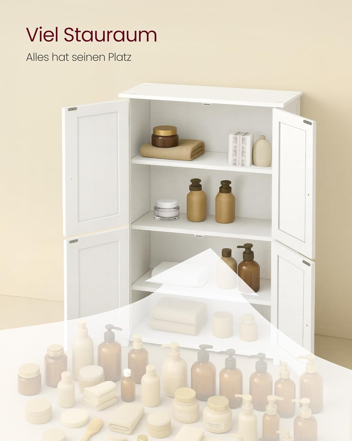 VASAGLE Badezimmerschrank, Badschrank im Shaker-Stil, mit 2 verstellbaren Ablagen, 4 Türen, Schrank für Badezimmer, Hochschrank, für Küche, wolkenweiß BBC553WH01 — Ansicht 4