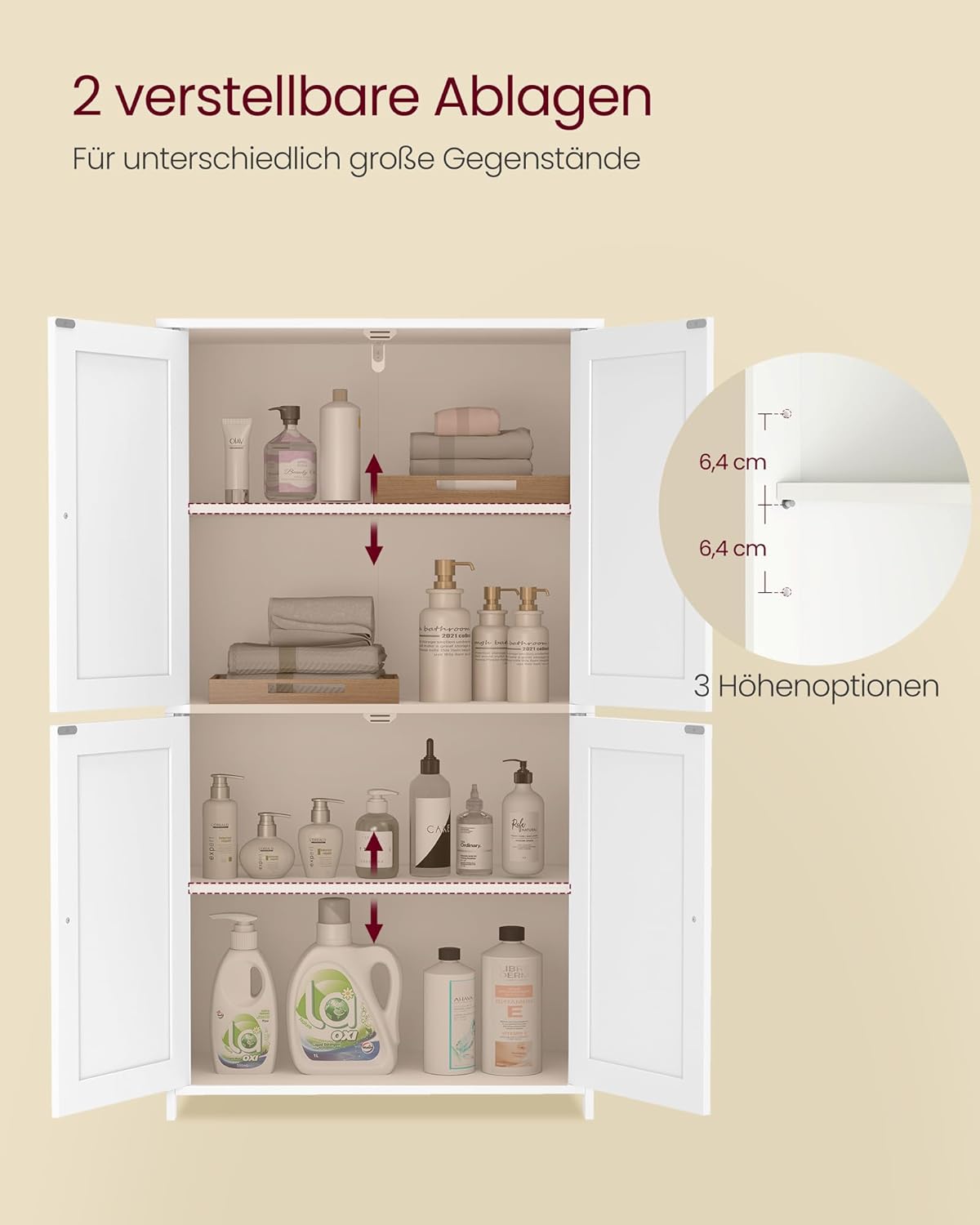 VASAGLE Badezimmerschrank, Badschrank im Shaker-Stil, mit 2 verstellbaren Ablagen, 4 Türen, Schrank für Badezimmer, Hochschrank, für Küche, wolkenweiß BBC553WH01 — Ansicht 5