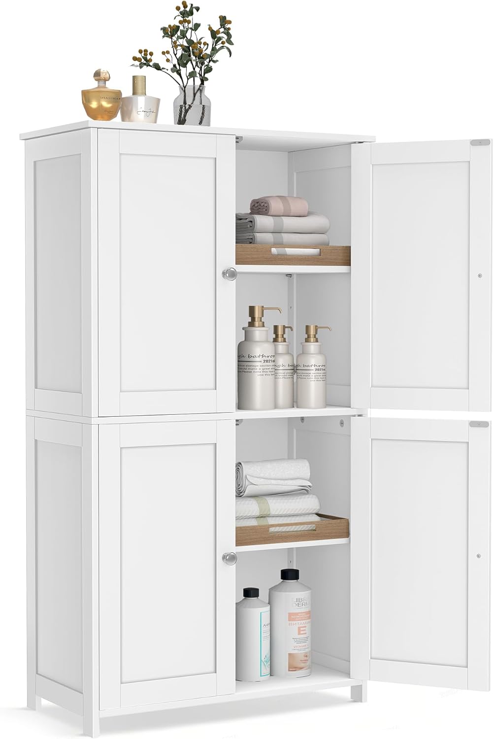 VASAGLE Badezimmerschrank, Badschrank im Shaker-Stil, mit 2 verstellbaren Ablagen, 4 Türen, Schrank für Badezimmer, Hochschrank, für Küche, wolkenweiß BBC553WH01