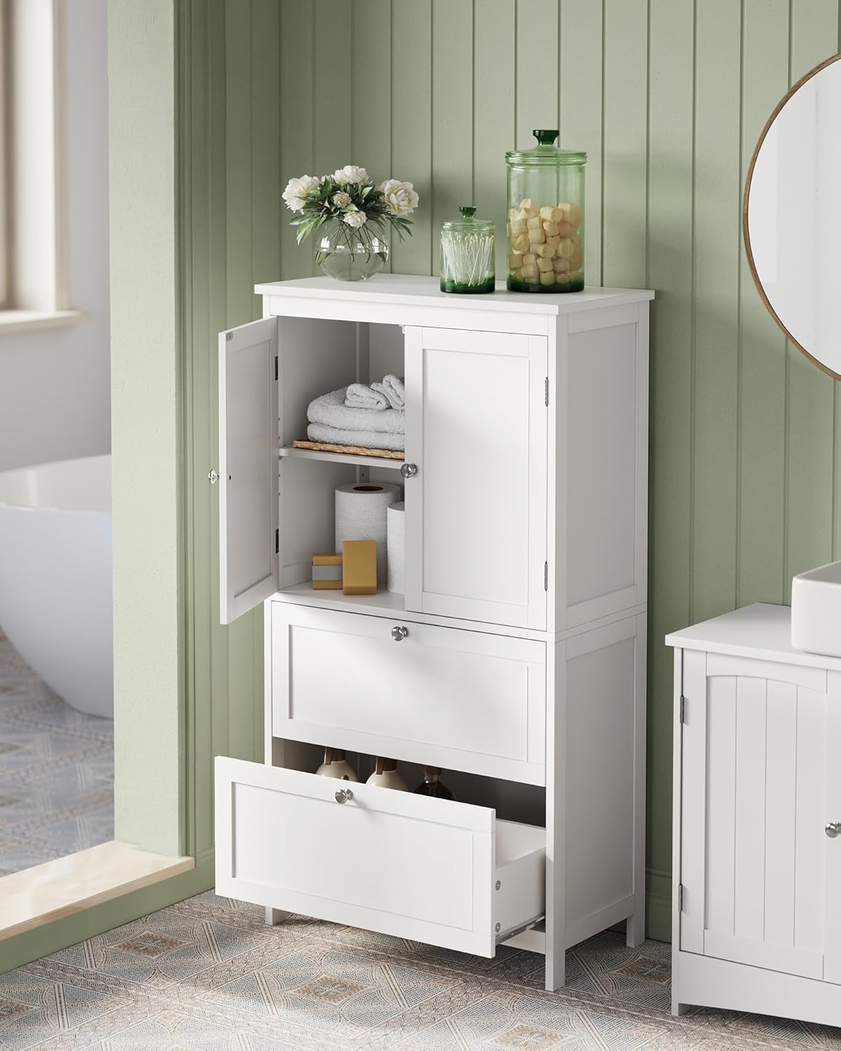 VASAGLE Badezimmerschrank, Badschrank, Küchenschrank, Aufbewahrungsschrank mit 2 Türen und 2 Schubladen, verstellbare Ablage, 30 x 60 x 110 cm, klassikweiß BBC551P31 — Ansicht 2