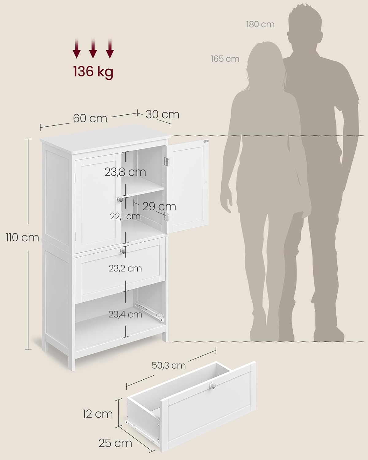 VASAGLE Badezimmerschrank, Badschrank, Küchenschrank, Aufbewahrungsschrank mit 2 Türen und 2 Schubladen, verstellbare Ablage, 30 x 60 x 110 cm, klassikweiß BBC551P31 — Ansicht 3