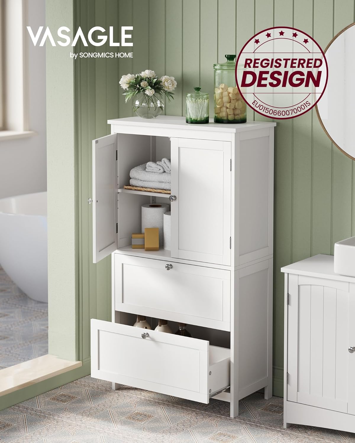 VASAGLE Badezimmerschrank, Badschrank, Küchenschrank, Aufbewahrungsschrank mit 2 Türen und 2 Schubladen, verstellbare Ablage, 30 x 60 x 110 cm, klassikweiß BBC551P31 — Ansicht 4