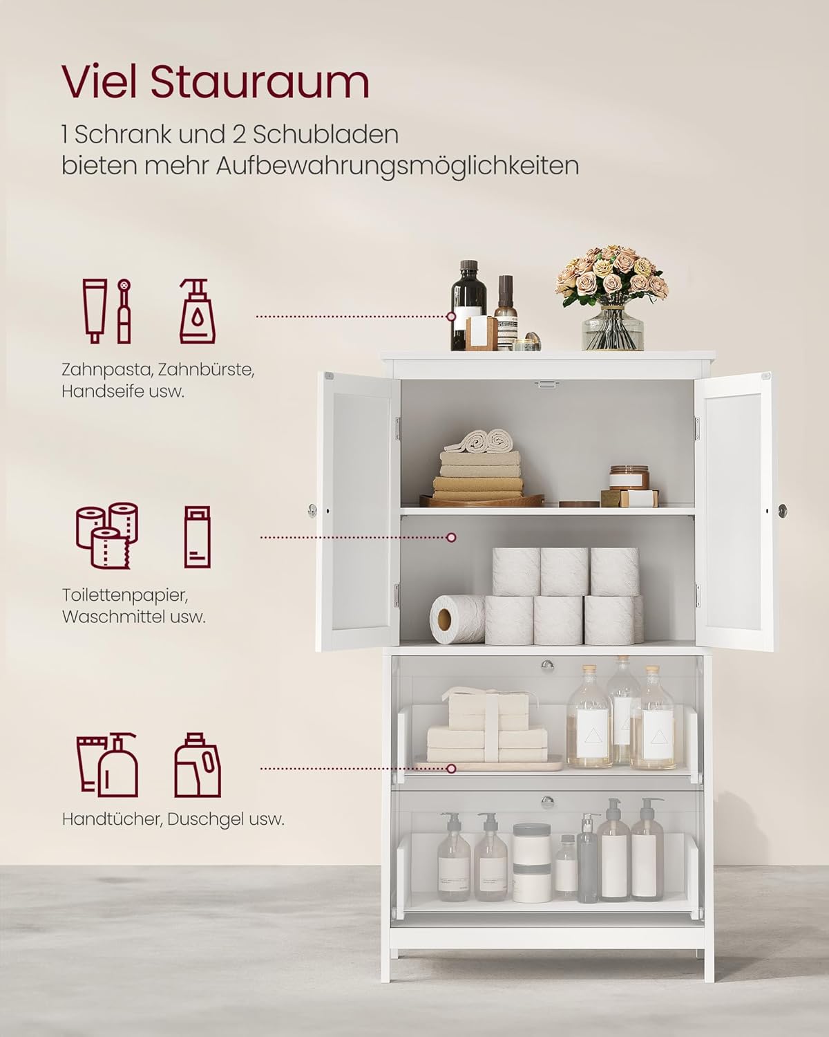 VASAGLE Badezimmerschrank, Badschrank, Küchenschrank, Aufbewahrungsschrank mit 2 Türen und 2 Schubladen, verstellbare Ablage, 30 x 60 x 110 cm, klassikweiß BBC551P31 — Ansicht 5