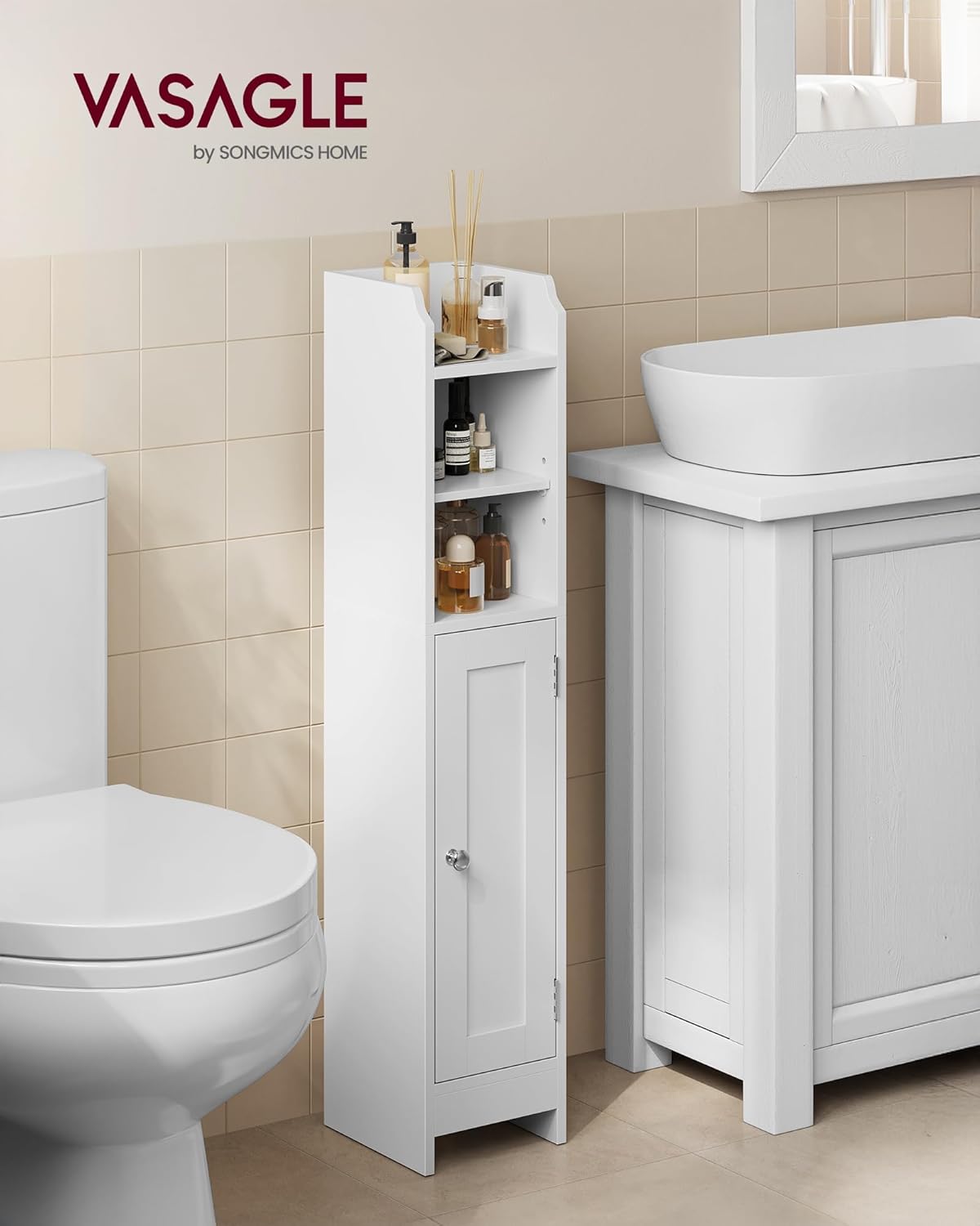 VASAGLE Badezimmerschrank klein, Badschrank schmal, stehend, mit Tür und Regal, Kleiner Schrank für Toilettenpapier, Toilettenschrank, verstellbare Ablagen, 20 x 18 x 92 cm,wolkenweiß BBC311W01 — Ansicht 2