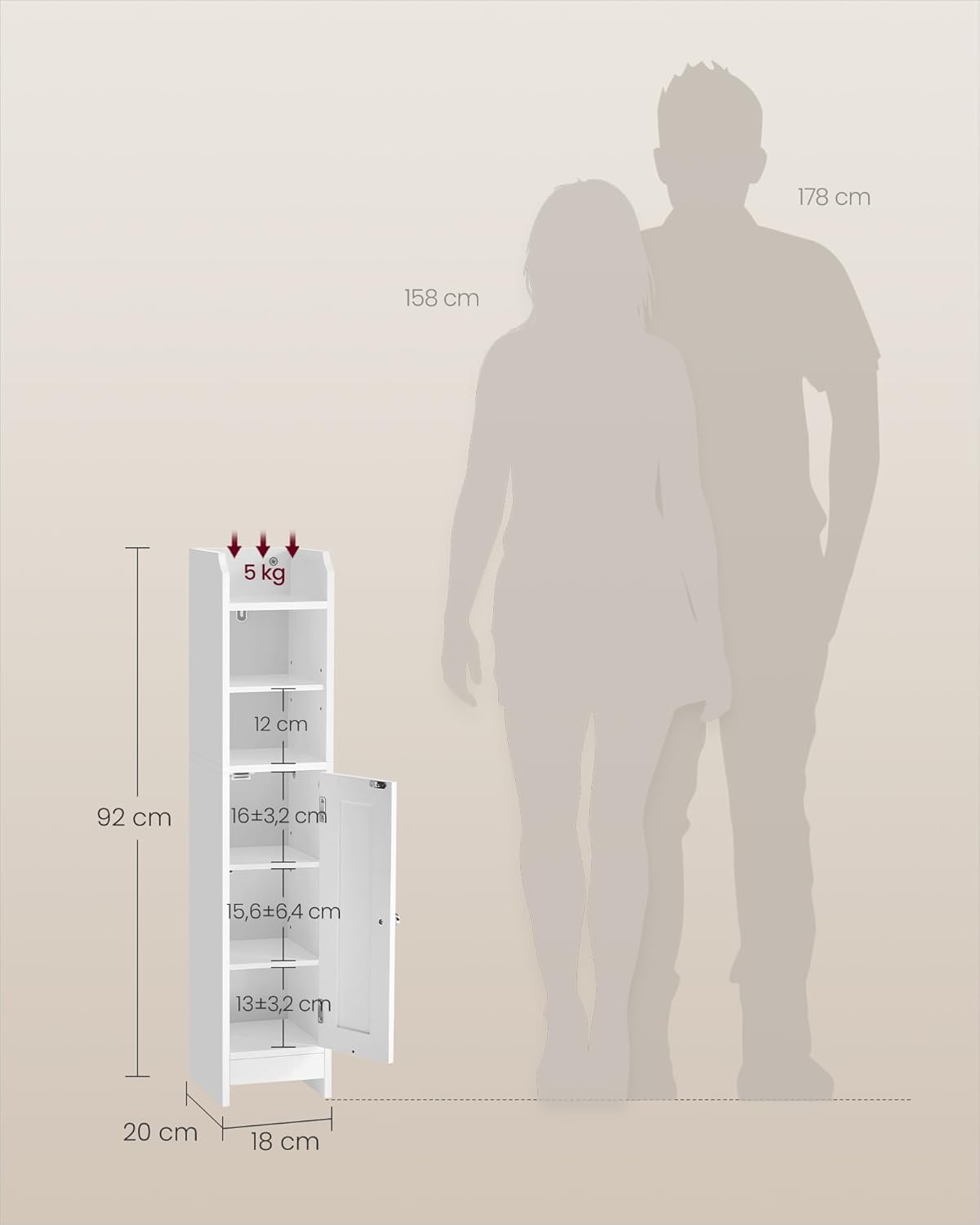 VASAGLE Badezimmerschrank klein, Badschrank schmal, stehend, mit Tür und Regal, Kleiner Schrank für Toilettenpapier, Toilettenschrank, verstellbare Ablagen, 20 x 18 x 92 cm,wolkenweiß BBC311W01 — Ansicht 3