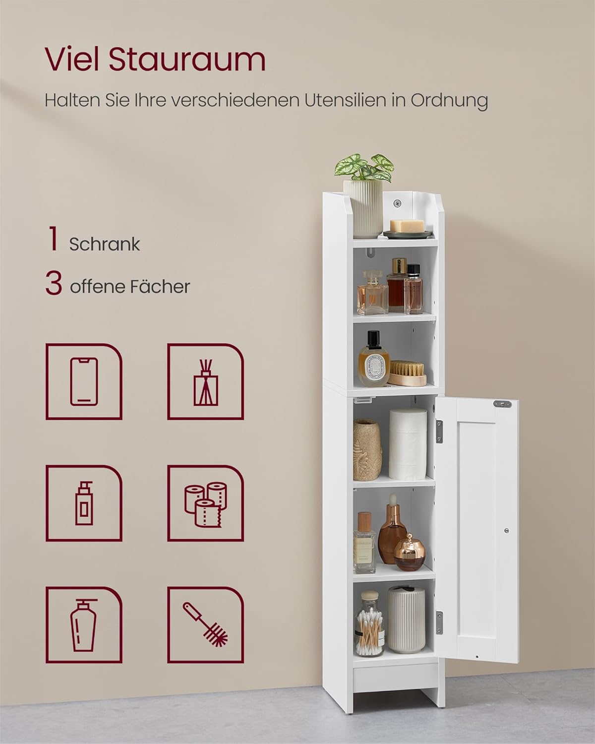 VASAGLE Badezimmerschrank klein, Badschrank schmal, stehend, mit Tür und Regal, Kleiner Schrank für Toilettenpapier, Toilettenschrank, verstellbare Ablagen, 20 x 18 x 92 cm,wolkenweiß BBC311W01 — Ansicht 4