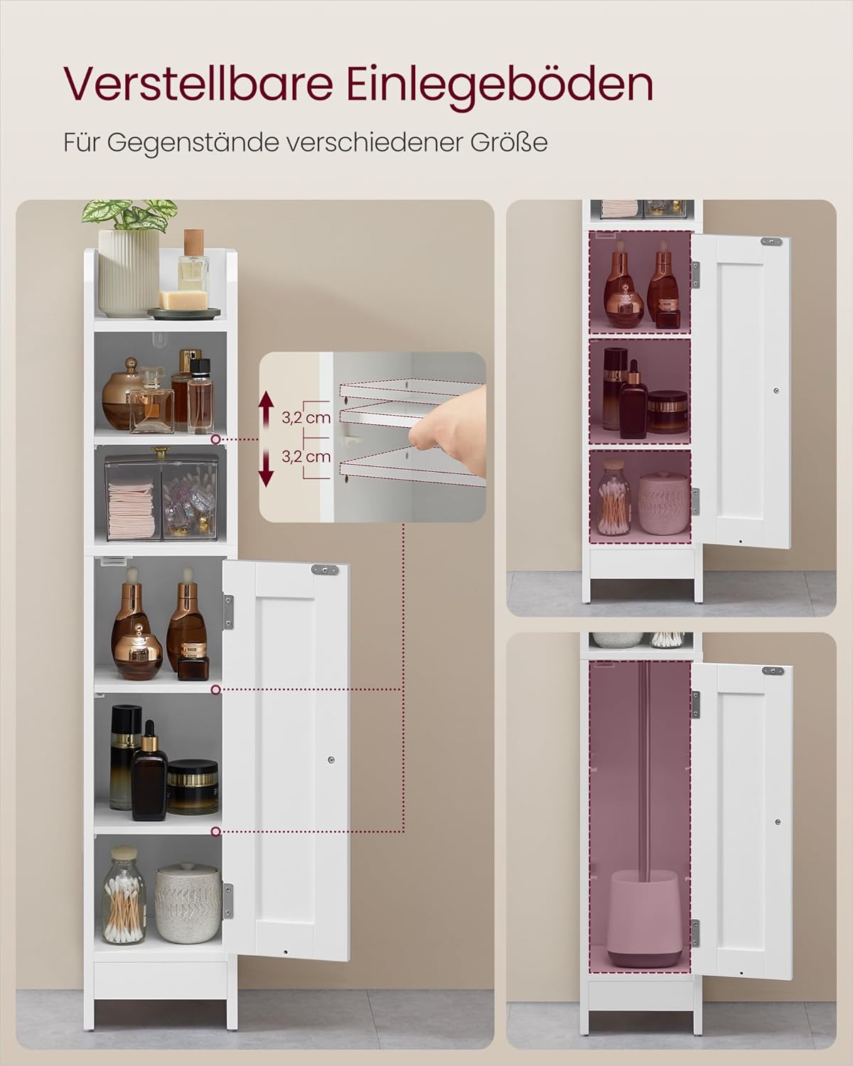 VASAGLE Badezimmerschrank klein, Badschrank schmal, stehend, mit Tür und Regal, Kleiner Schrank für Toilettenpapier, Toilettenschrank, verstellbare Ablagen, 20 x 18 x 92 cm,wolkenweiß BBC311W01 — Ansicht 5