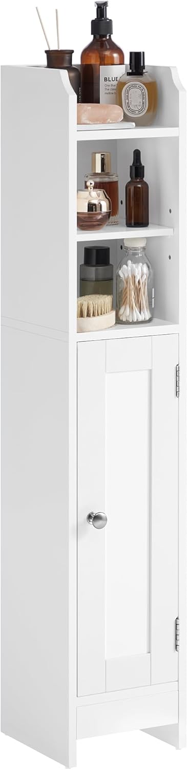 VASAGLE Badezimmerschrank klein, Badschrank schmal, stehend, mit Tür und Regal, Kleiner Schrank für Toilettenpapier, Toilettenschrank, verstellbare Ablagen, 20 x 18 x 92 cm,wolkenweiß BBC311W01