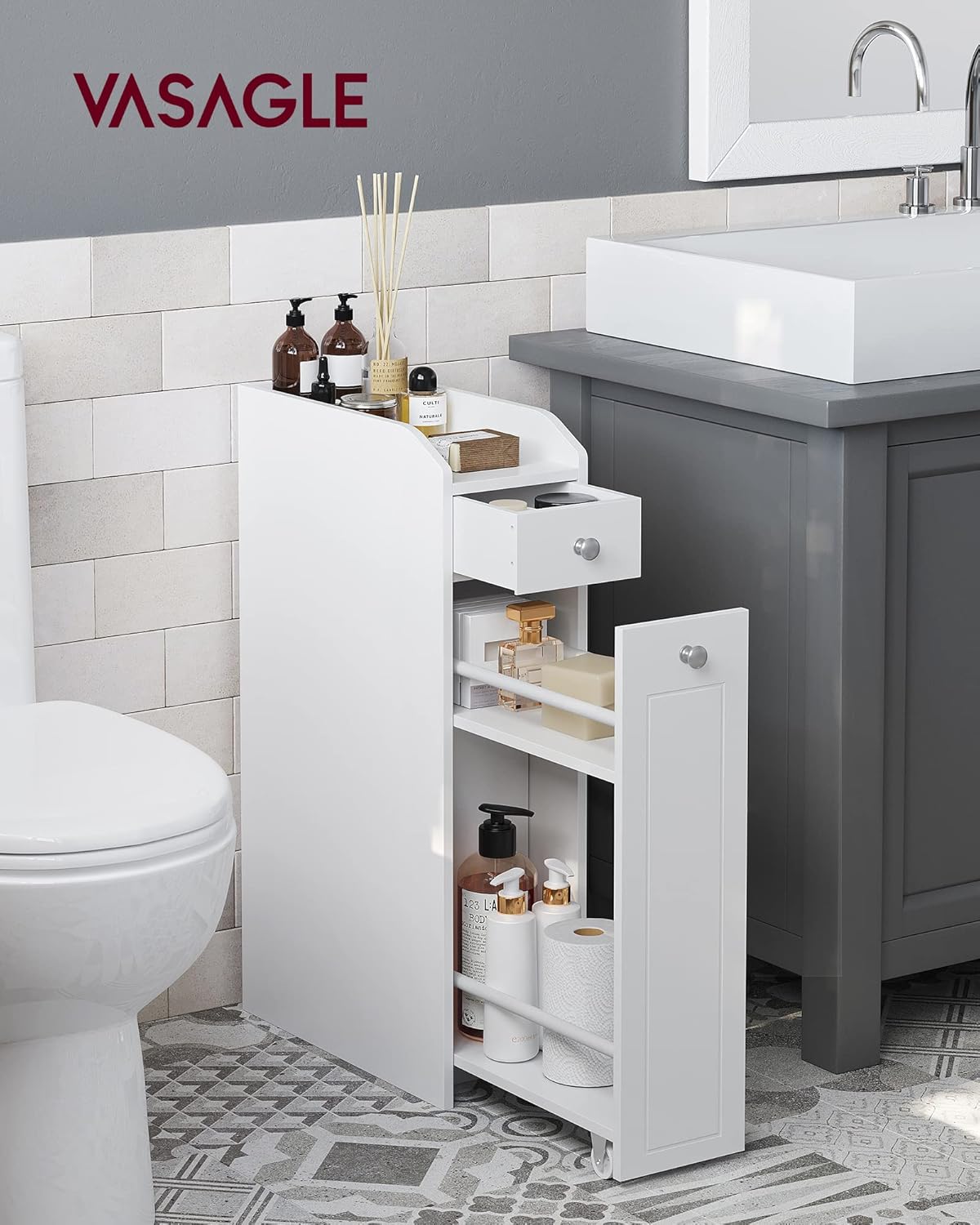VASAGLE Badezimmerschrank klein, Badschrank schmal, weiß | Kleiner Schrank für Toilettenpapier, Toilettenschrank mit Schubladen, Aufbewahrungsschrank stehend, BBC847P31 — Ansicht 2