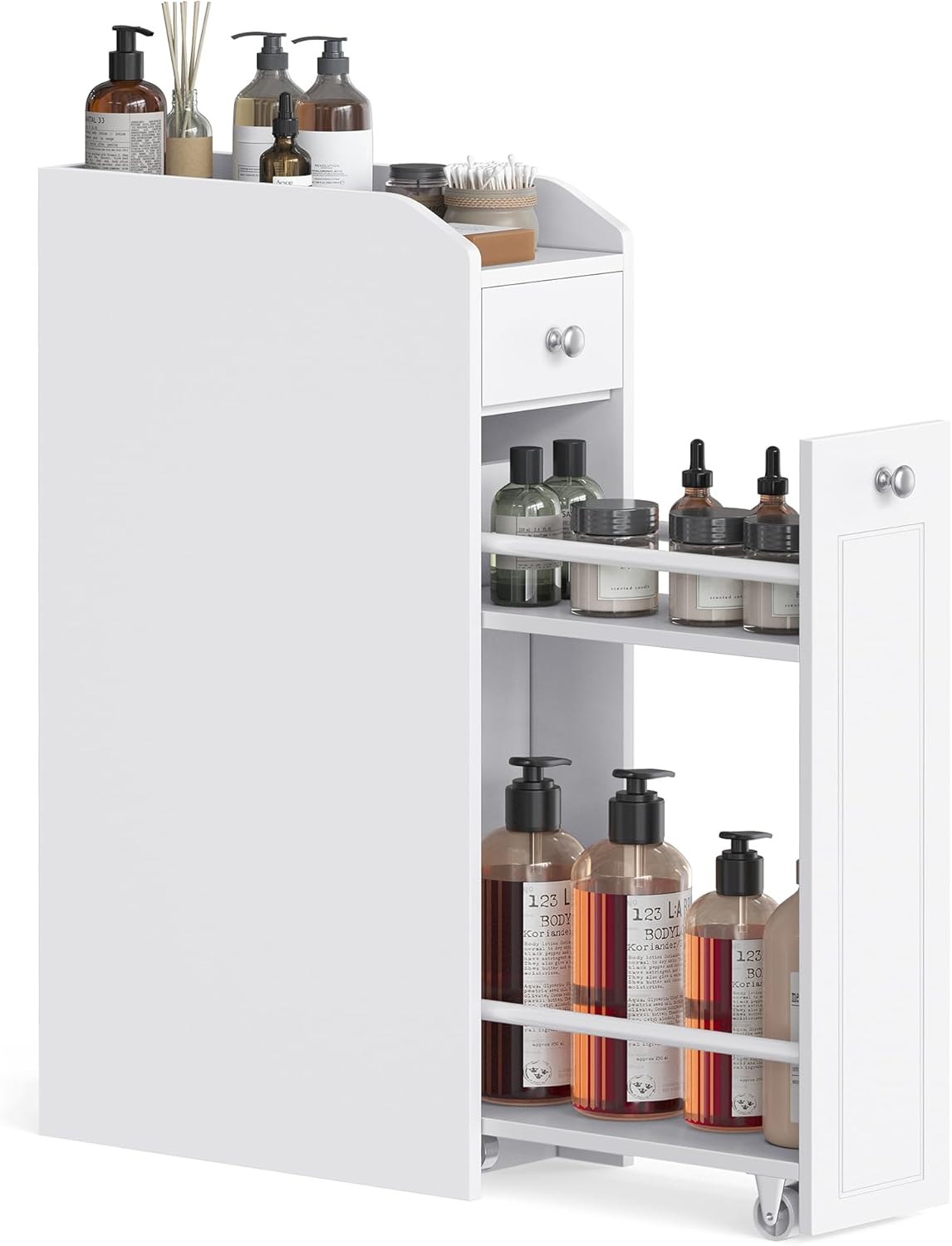 VASAGLE Badezimmerschrank klein, Badschrank schmal, weiß | Kleiner Schrank für Toilettenpapier, Toilettenschrank mit Schubladen, Aufbewahrungsschrank stehend, BBC847P31