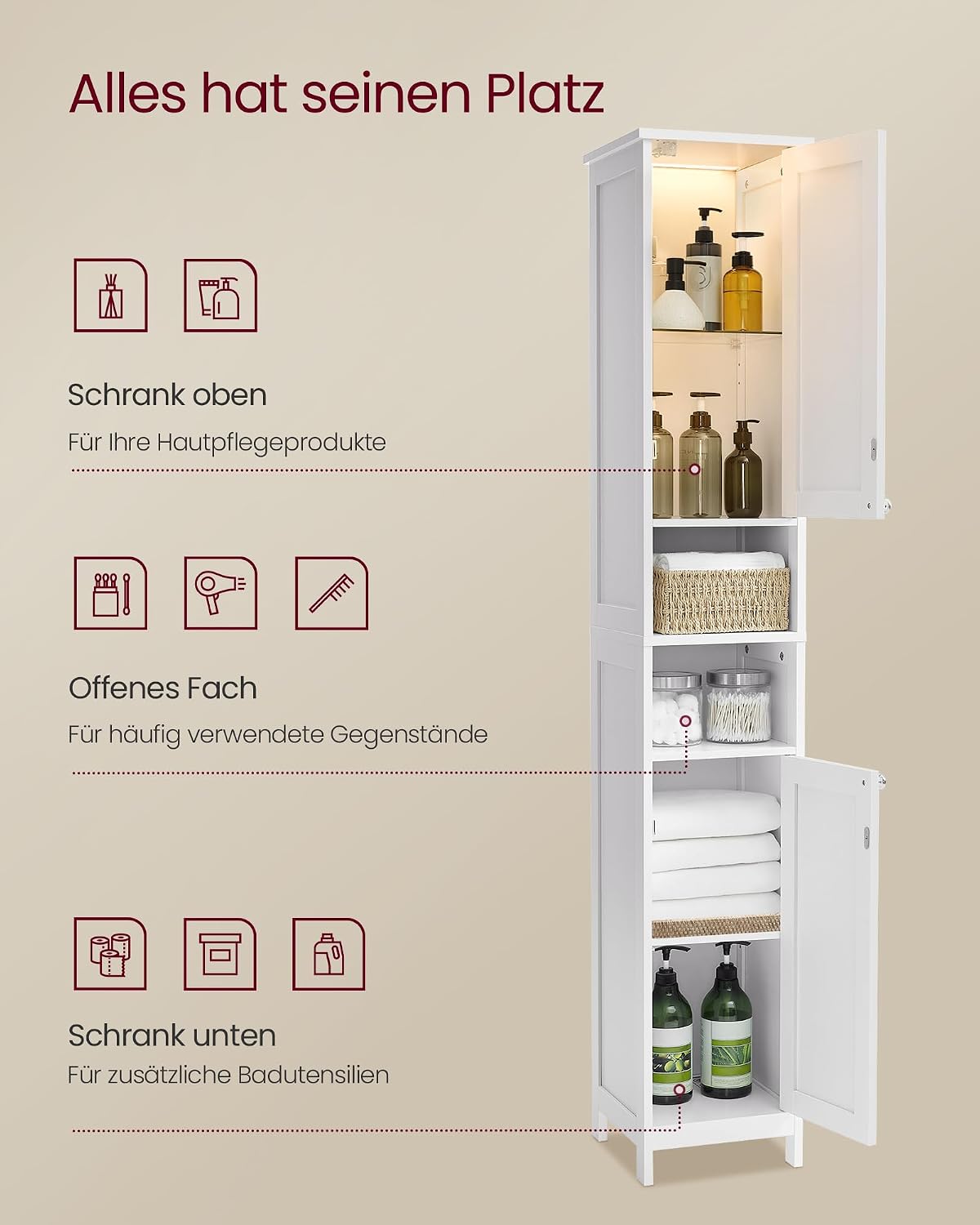 VASAGLE Badezimmerschrank mit Beleuchtung, hoch, schlanker Badschrank, Aufbewahrungsschrank mit verstellbaren Ablagen, offene Fächer, für kleine Räume, wolkenweiß BBC566W03 — Ansicht 4