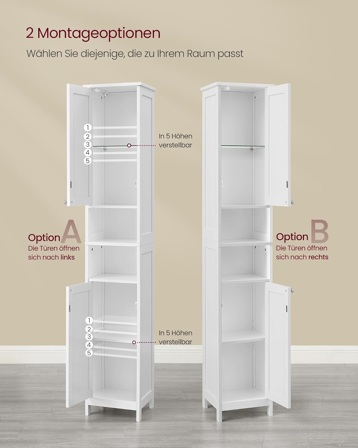 VASAGLE Badezimmerschrank mit Beleuchtung, hoch, schlanker Badschrank, Aufbewahrungsschrank mit verstellbaren Ablagen, offene Fächer, für kleine Räume, wolkenweiß BBC566W03 — Ansicht 5