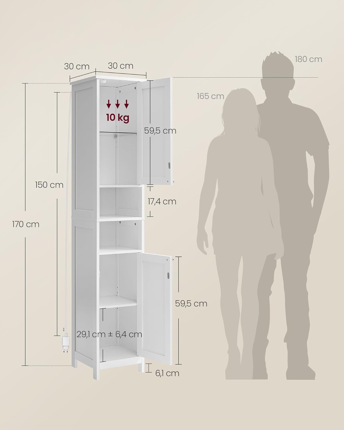 VASAGLE Badezimmerschrank mit Beleuchtung, hoch, schlanker Badschrank, Aufbewahrungsschrank mit verstellbaren Ablagen, offene Fächer, für kleine Räume, wolkenweiß BBC566W03 — Ansicht 6
