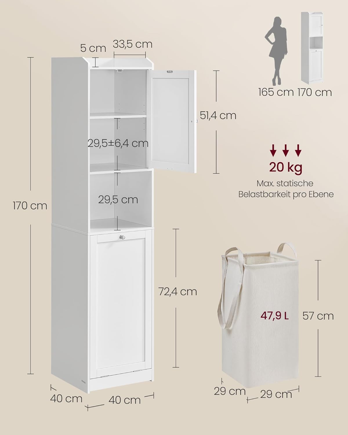 VASAGLE Badezimmerschrank mit Wäschekorb, hoher Badschrank, herausnehmbarer Wäschesack mit Griffen, mit Tür, verstellbare Ablage, 40 x 40 x 170 cm, wolkenweiß BBC761W01 — Ansicht 3