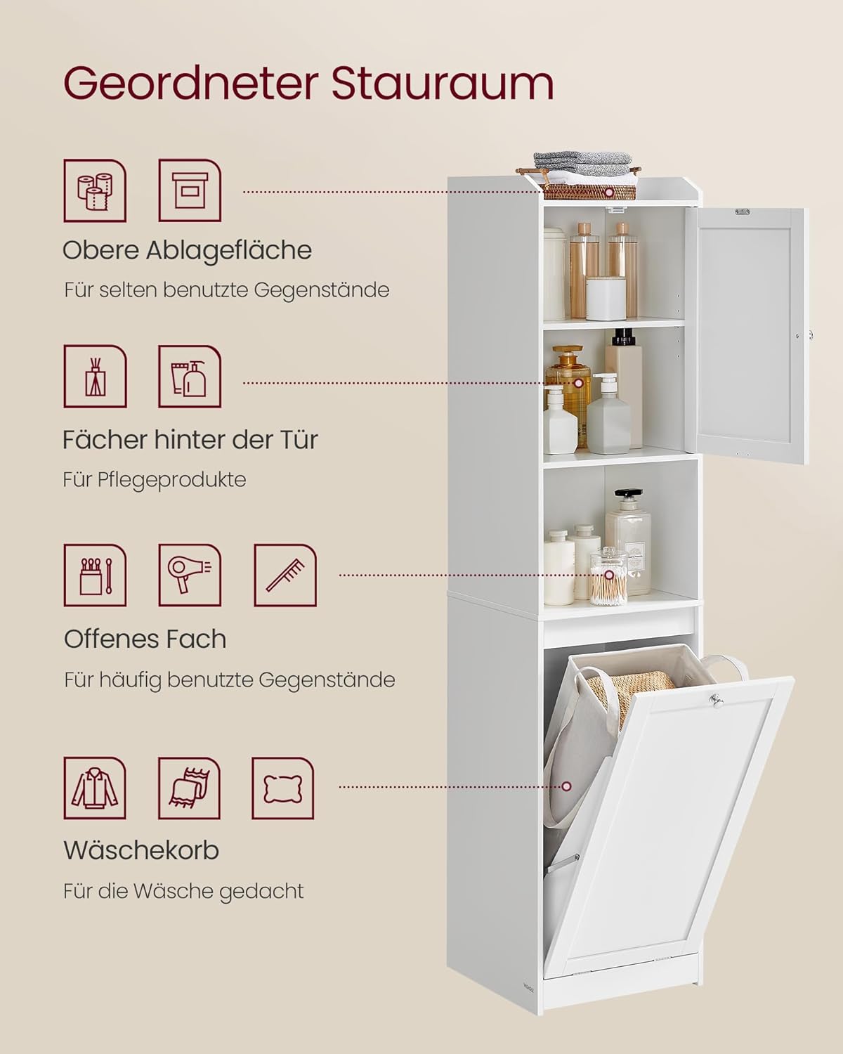 VASAGLE Badezimmerschrank mit Wäschekorb, hoher Badschrank, herausnehmbarer Wäschesack mit Griffen, mit Tür, verstellbare Ablage, 40 x 40 x 170 cm, wolkenweiß BBC761W01 — Ansicht 4