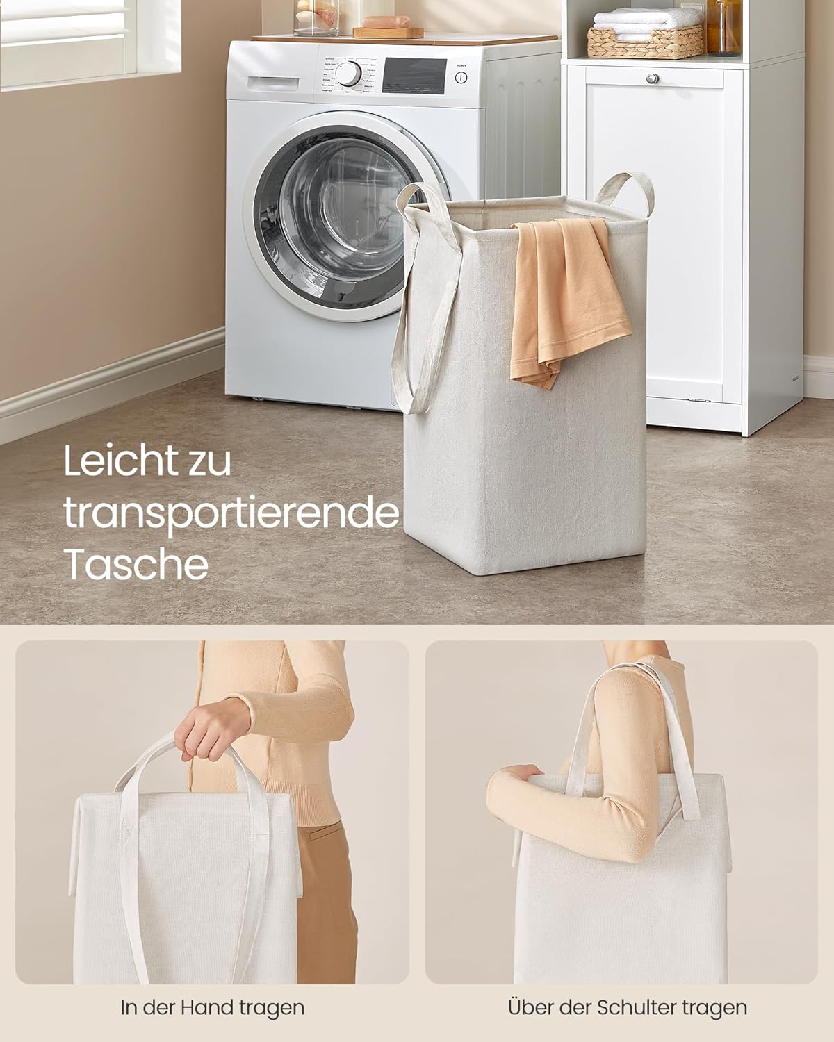 VASAGLE Badezimmerschrank mit Wäschekorb, hoher Badschrank, herausnehmbarer Wäschesack mit Griffen, mit Tür, verstellbare Ablage, 40 x 40 x 170 cm, wolkenweiß BBC761W01 — Ansicht 5