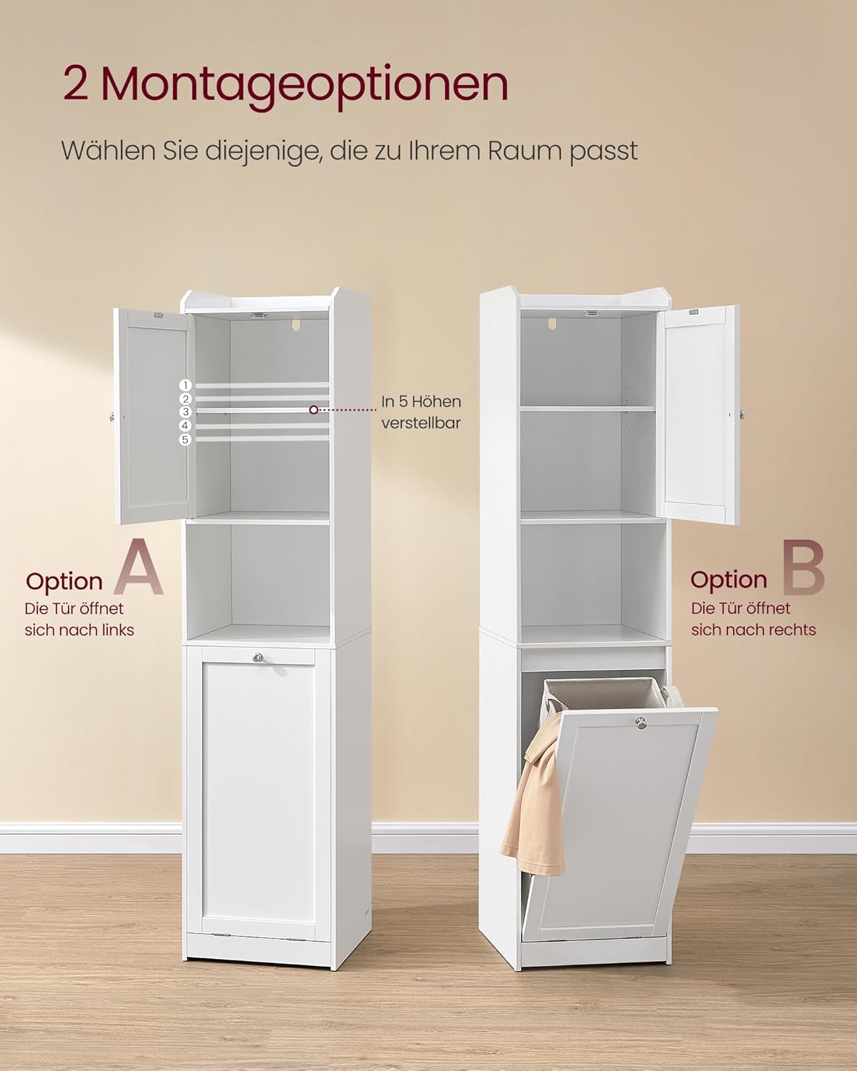 VASAGLE Badezimmerschrank mit Wäschekorb, hoher Badschrank, herausnehmbarer Wäschesack mit Griffen, mit Tür, verstellbare Ablage, 40 x 40 x 170 cm, wolkenweiß BBC761W01 — Ansicht 6