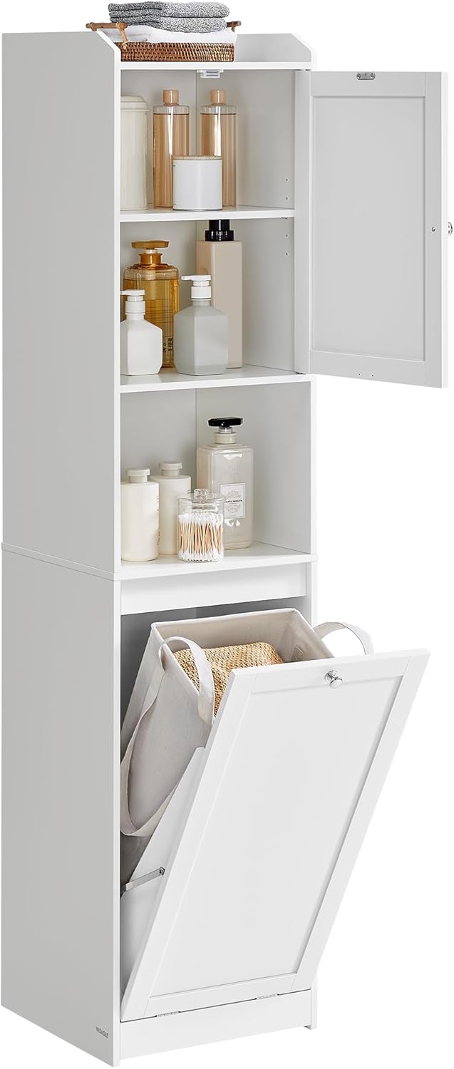 VASAGLE Badezimmerschrank mit Wäschekorb, hoher Badschrank, herausnehmbarer Wäschesack mit Griffen, mit Tür, verstellbare Ablage, 40 x 40 x 170 cm, wolkenweiß BBC761W01